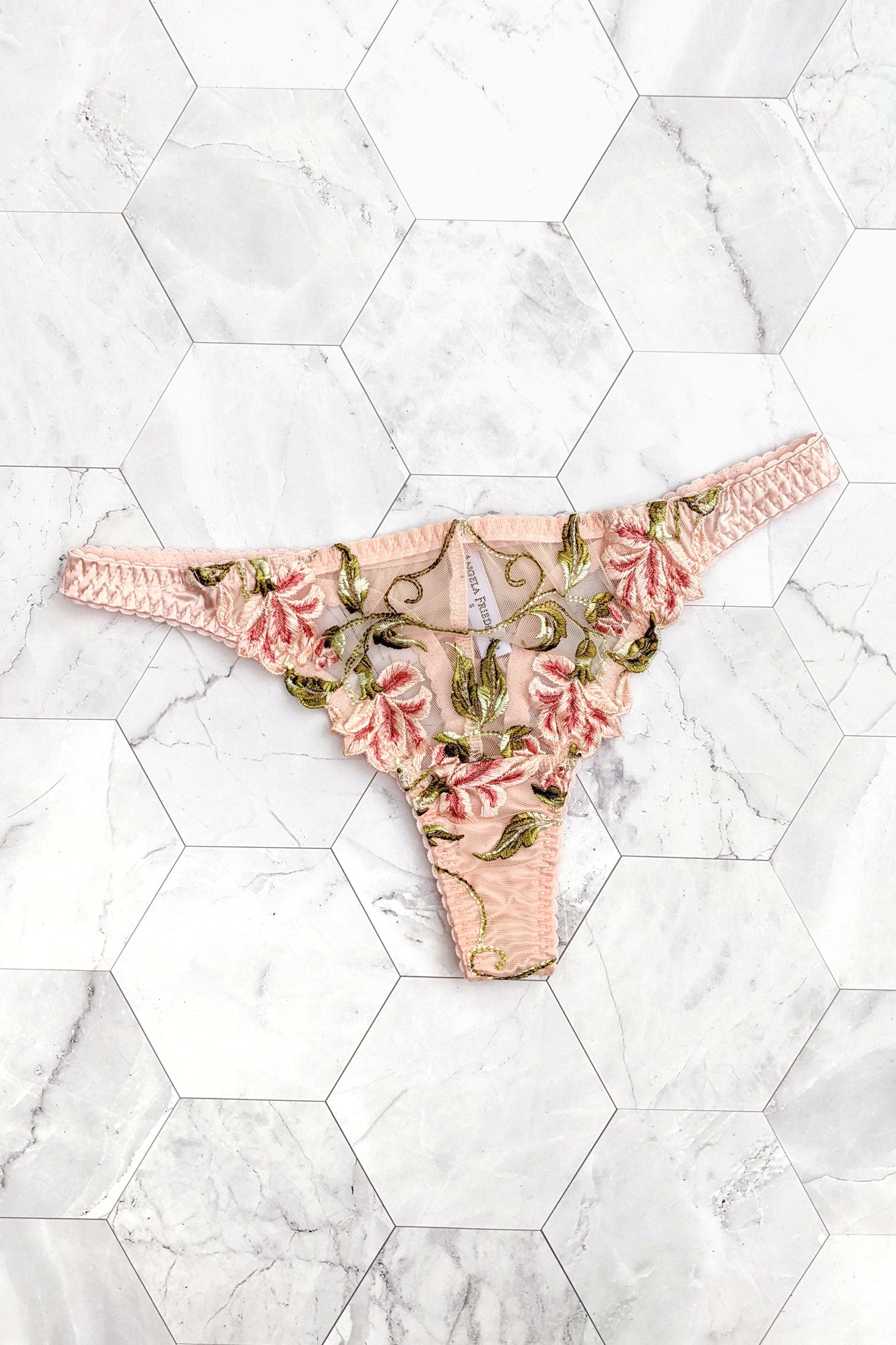 Pink silk thong knickers with flower embroidery and silk linings