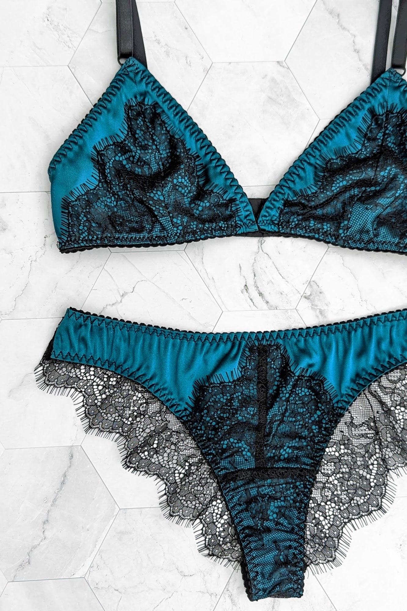 Francesca bra and knickers in blue silk and black lace