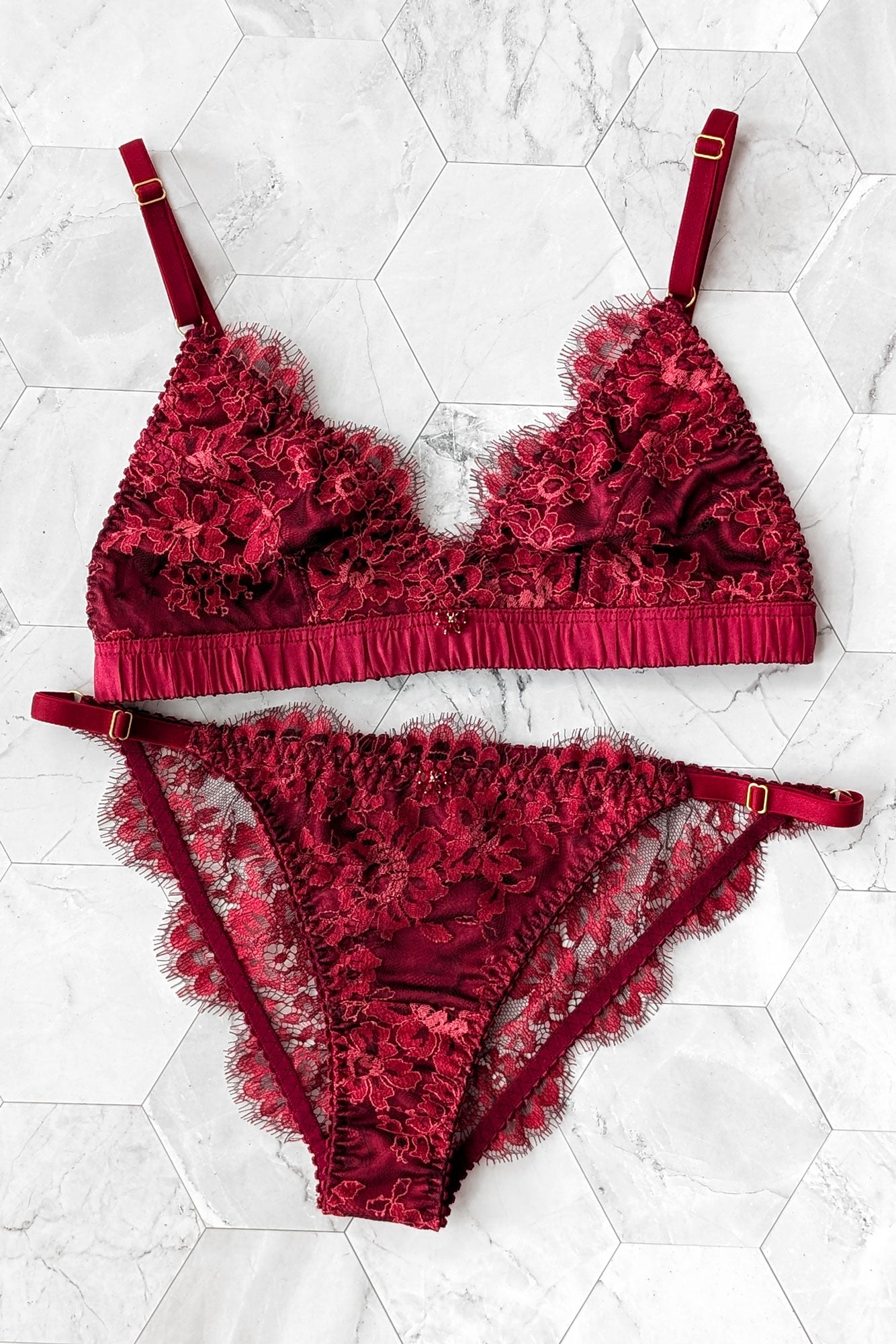 Red floral lingerie set in French lace with bright silk satin linings and adjustable waist straps