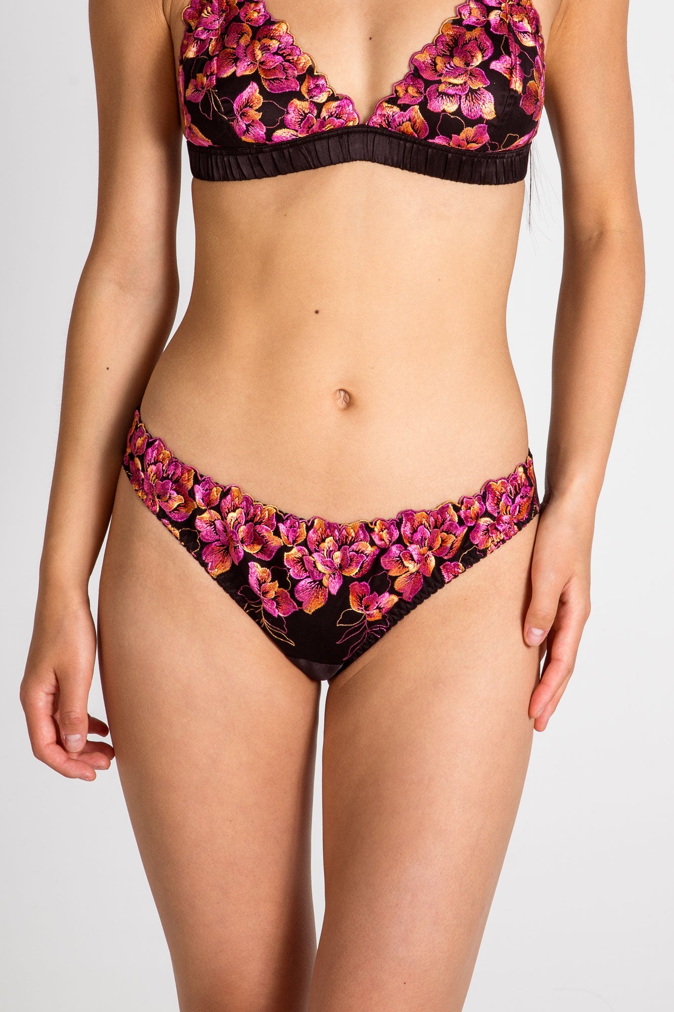 Gemma knickers in black silk and pink floral embroidery
