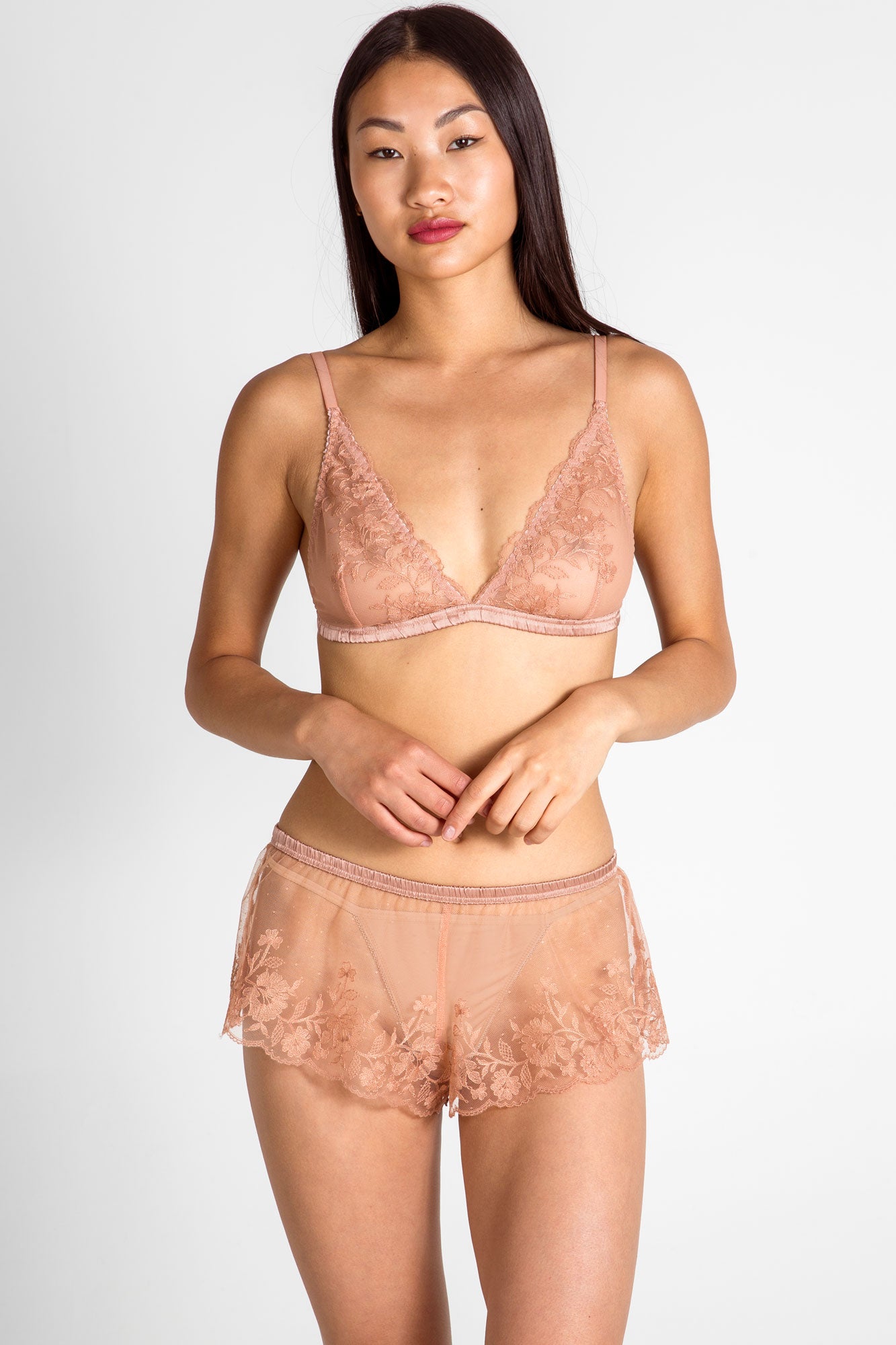 Silk and lace lingerie set with a sheer soft cup bra and retro tap pants