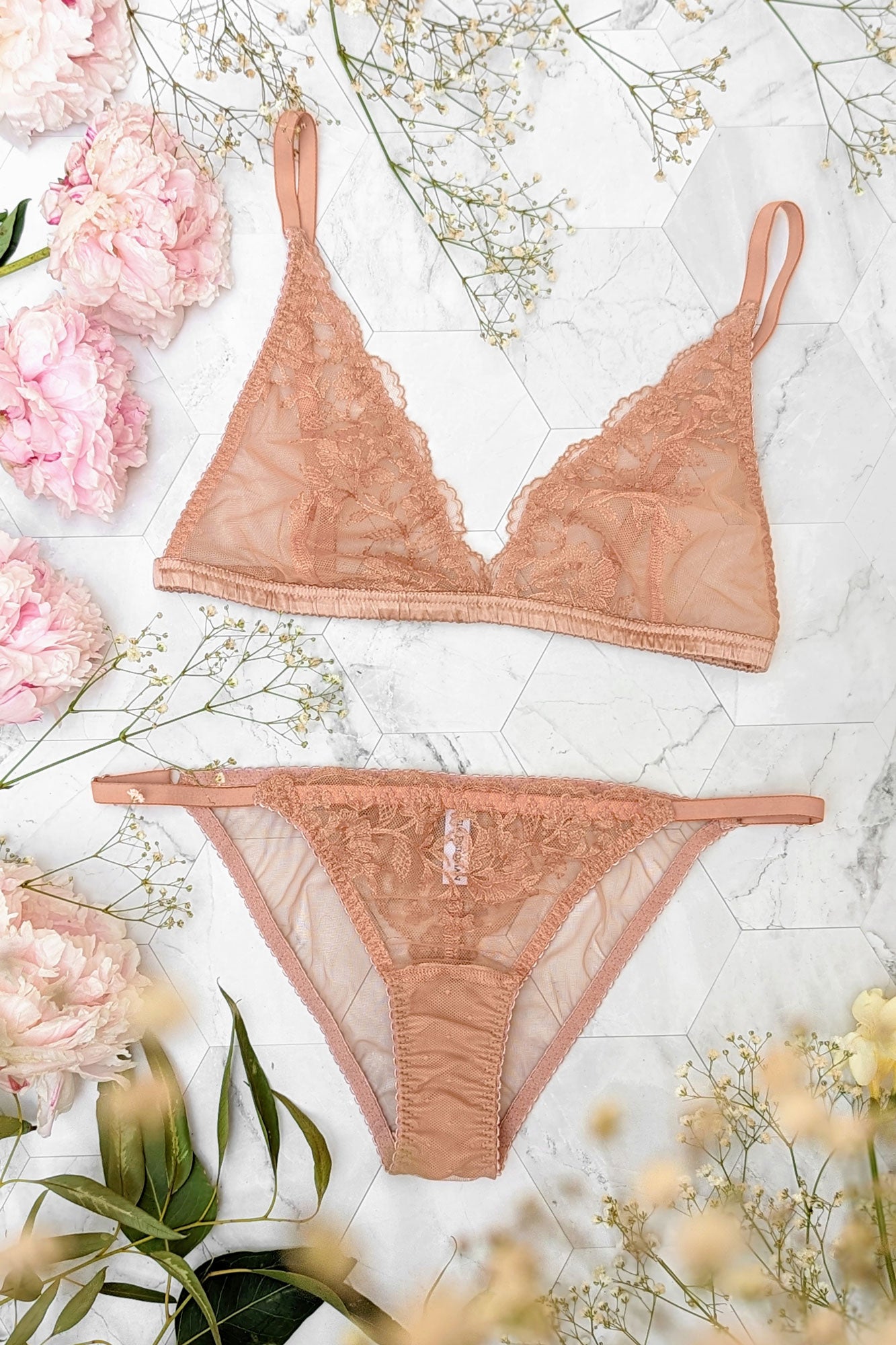 Classic triangle bralette and briefs set with flowers and sheer cups and wireless band