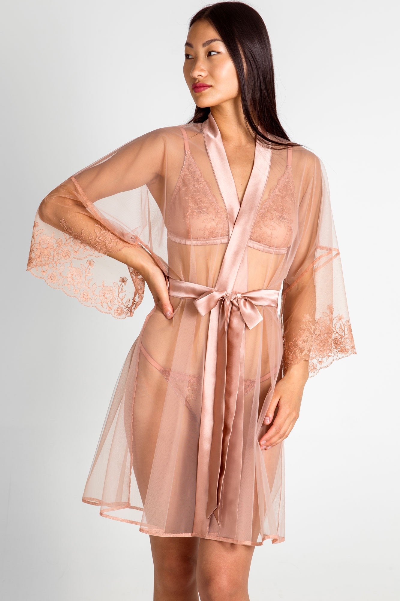 Classic vintage robe and silk peignoir set by luxury lingerie brand Angela Friedman