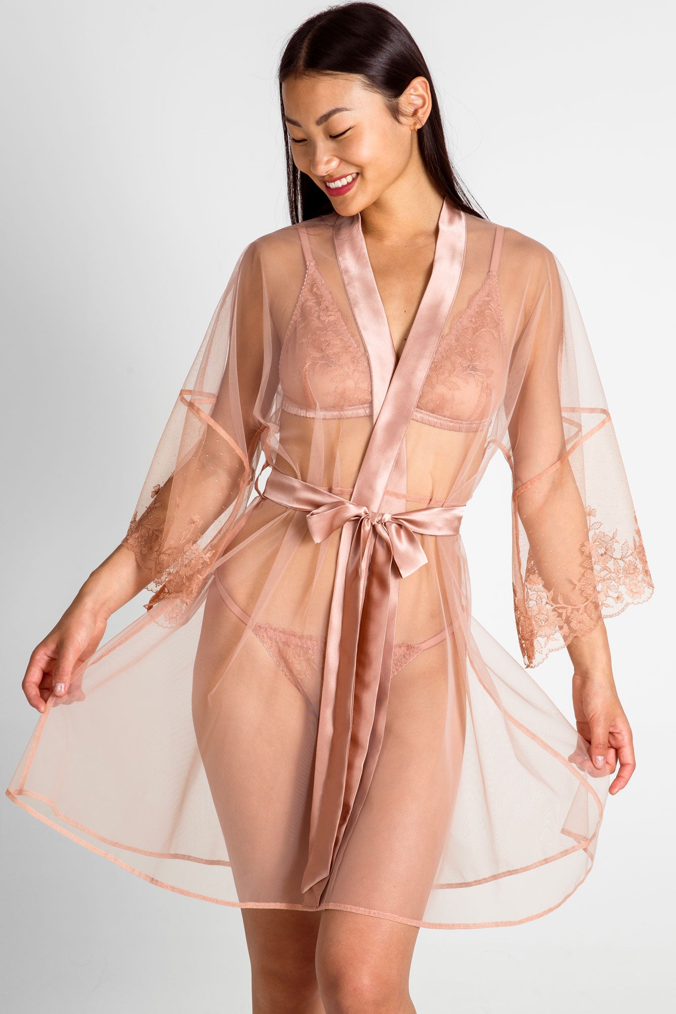 Sheer vintage dressing gown and peignoir set by luxury loungewear designer Angela Friedman