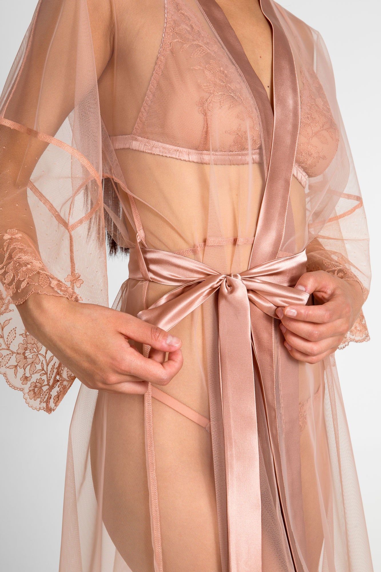 Transparent silk and lace robe with sheer tulle body and pure silk satin trims