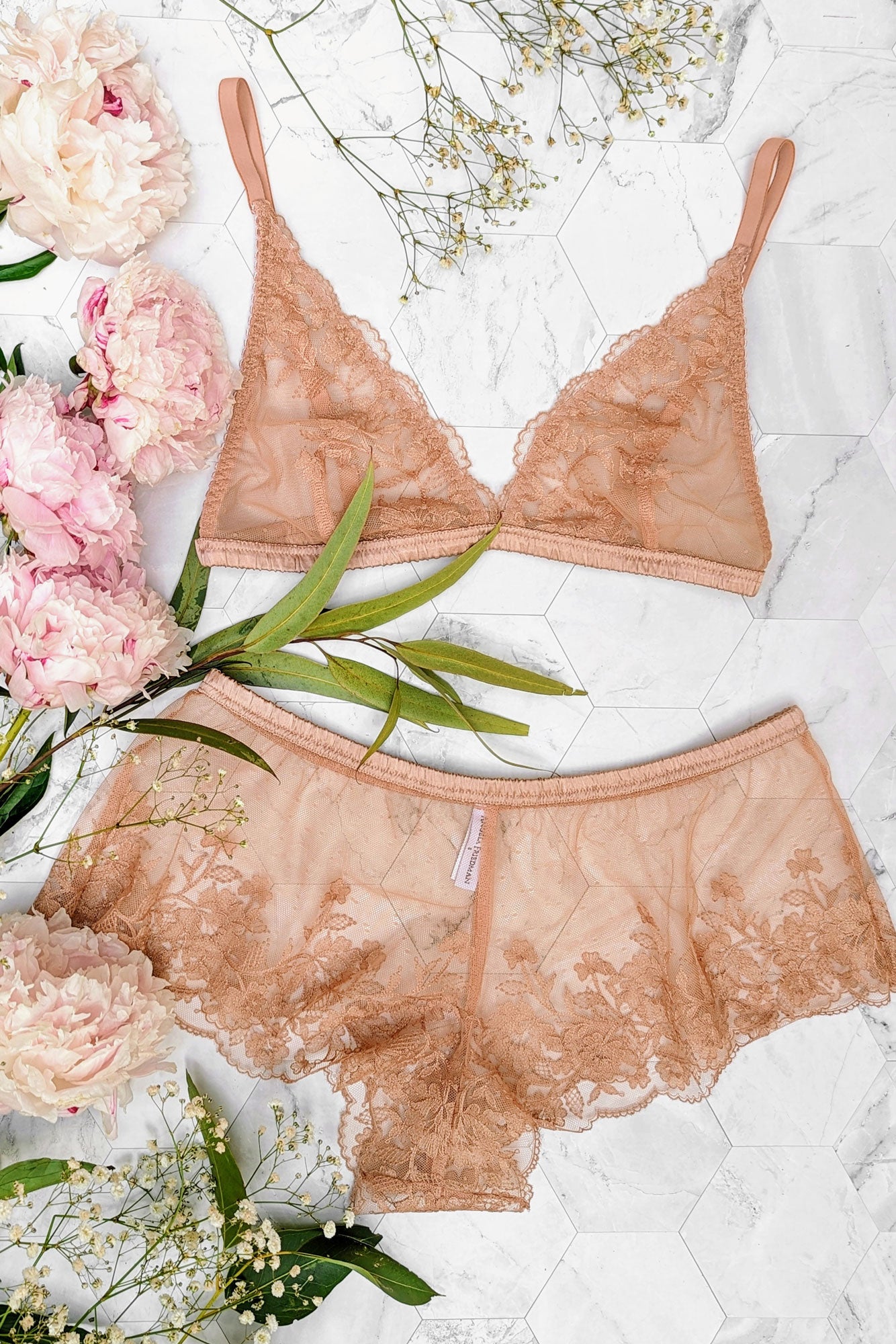 Luxury lingerie set with sheer panties and silk trimmed bra in antique blush pink color