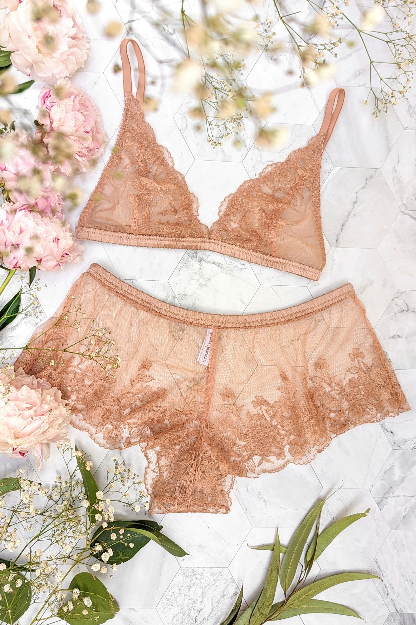 Comfortable wire-free bra and french knickers set by luxury lingerie brand Angela Friedman