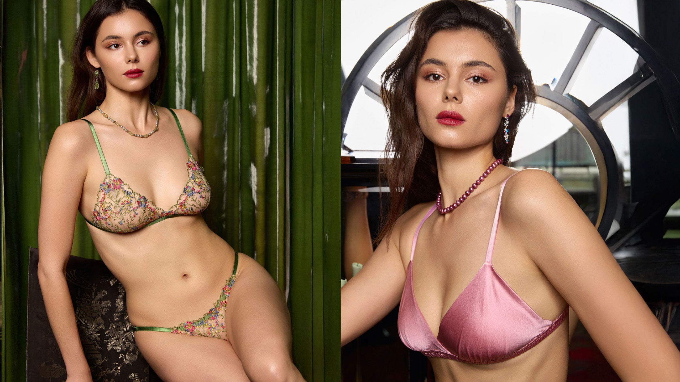 Floral lace and green elastic bralette and knickers set on the left with a pink silk satin bra on the right