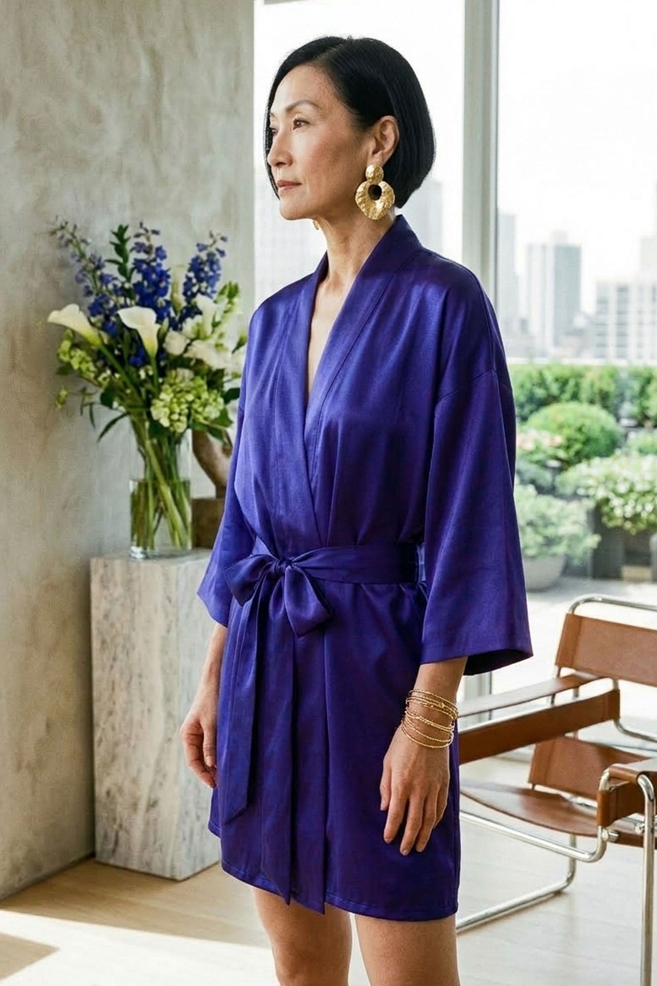 Blue silk satin robe with kimono wrap front and 3/4 length sleeves