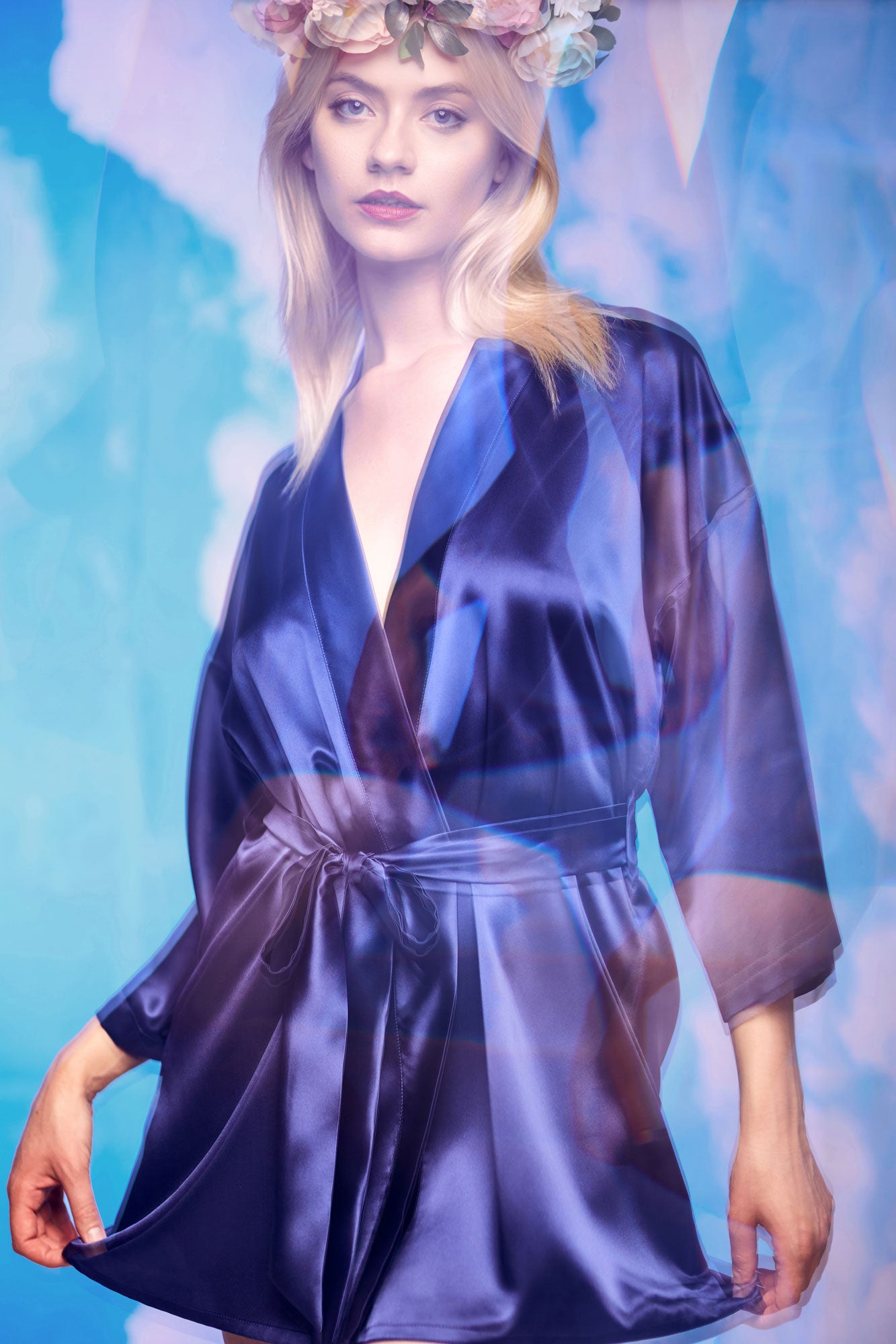 Wrap front dressing gown in luxury blue silk satin