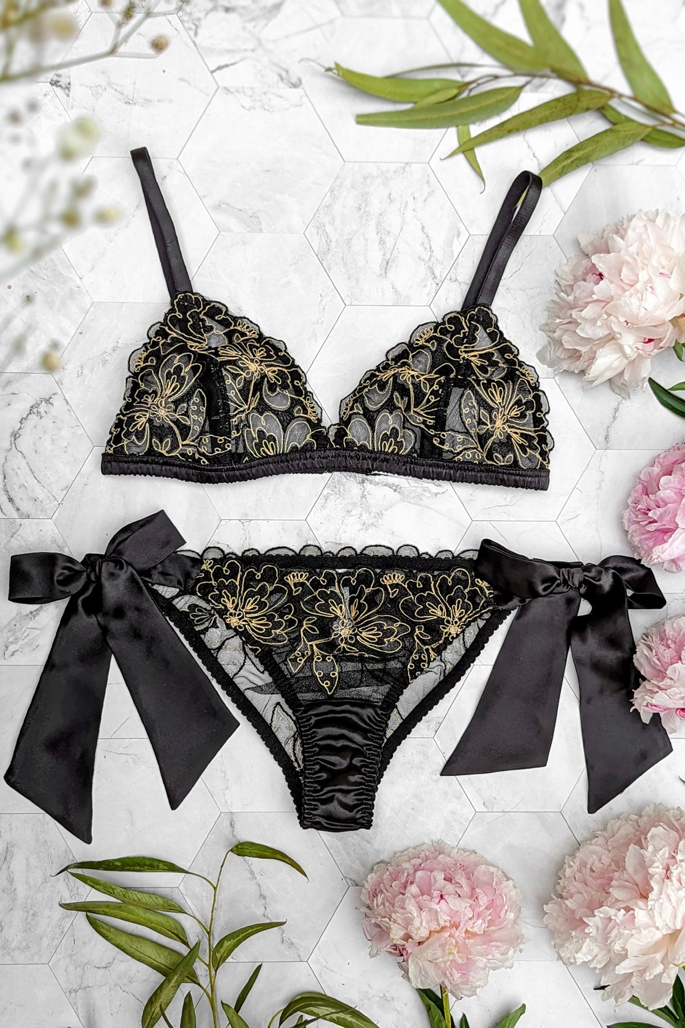 Black lace underwear set with silk satin bows and side ties