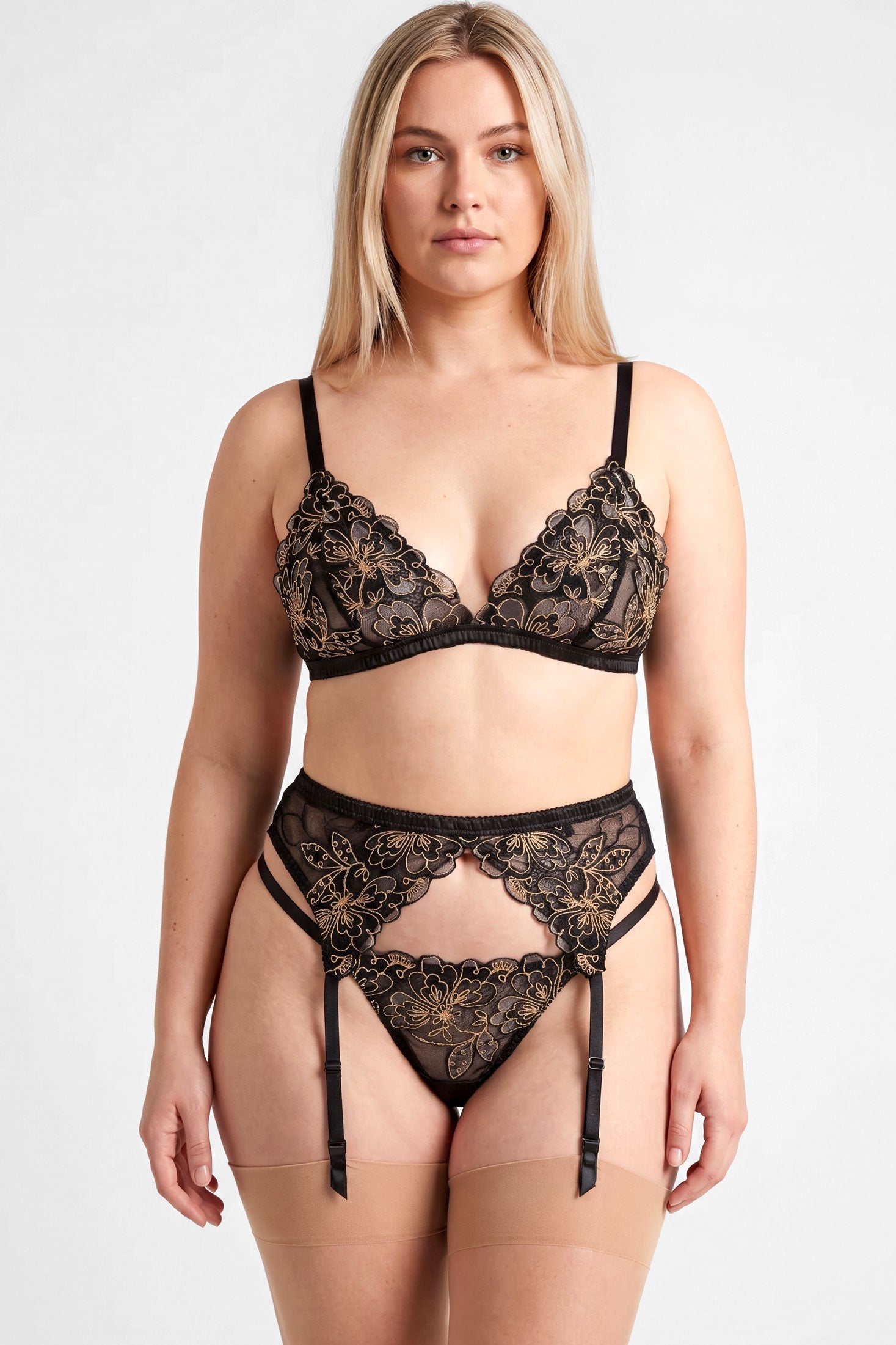 Vintage inspired lingerie set in black and nude mesh and flower embroidery