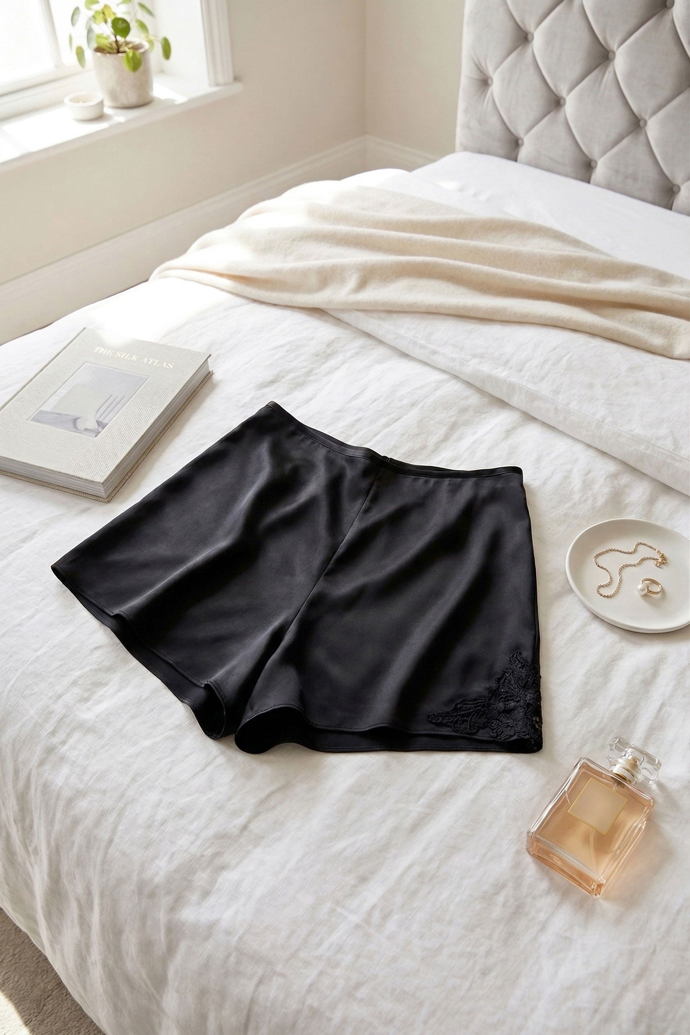 Black high-rise french knickers with lace applique in 100% pure silk satin