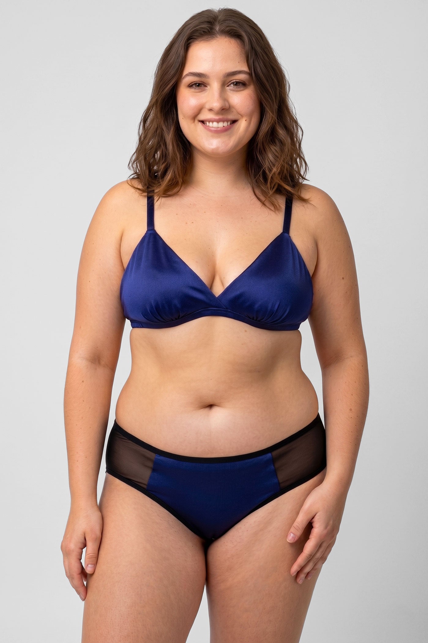 Blue silk lingerie set including a triangle bra and xl plus-sized panties