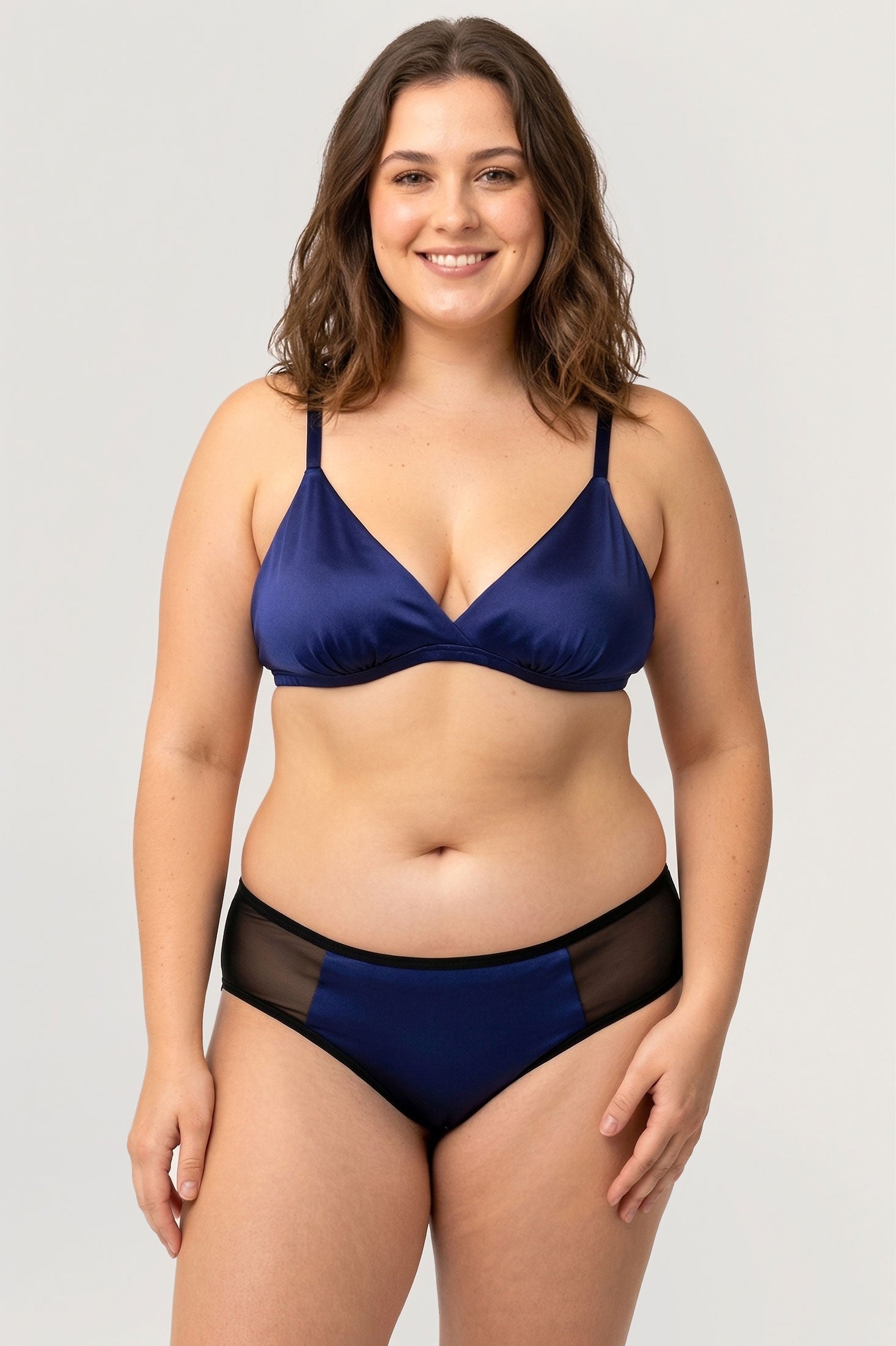 Blue silk lingerie set including a triangle bra and xl plus-sized panties