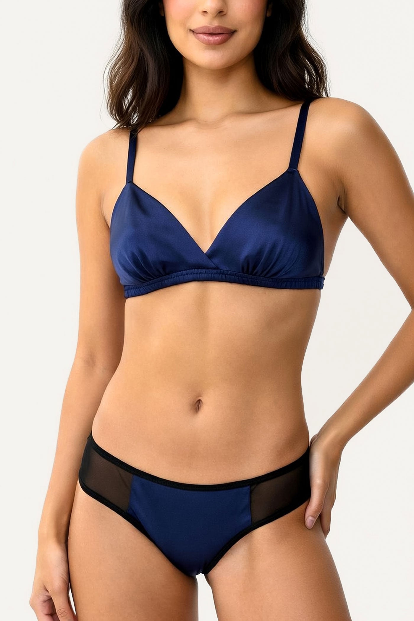 Blue and black silk bra and panties set by luxury lingerie designer Angela Friedman