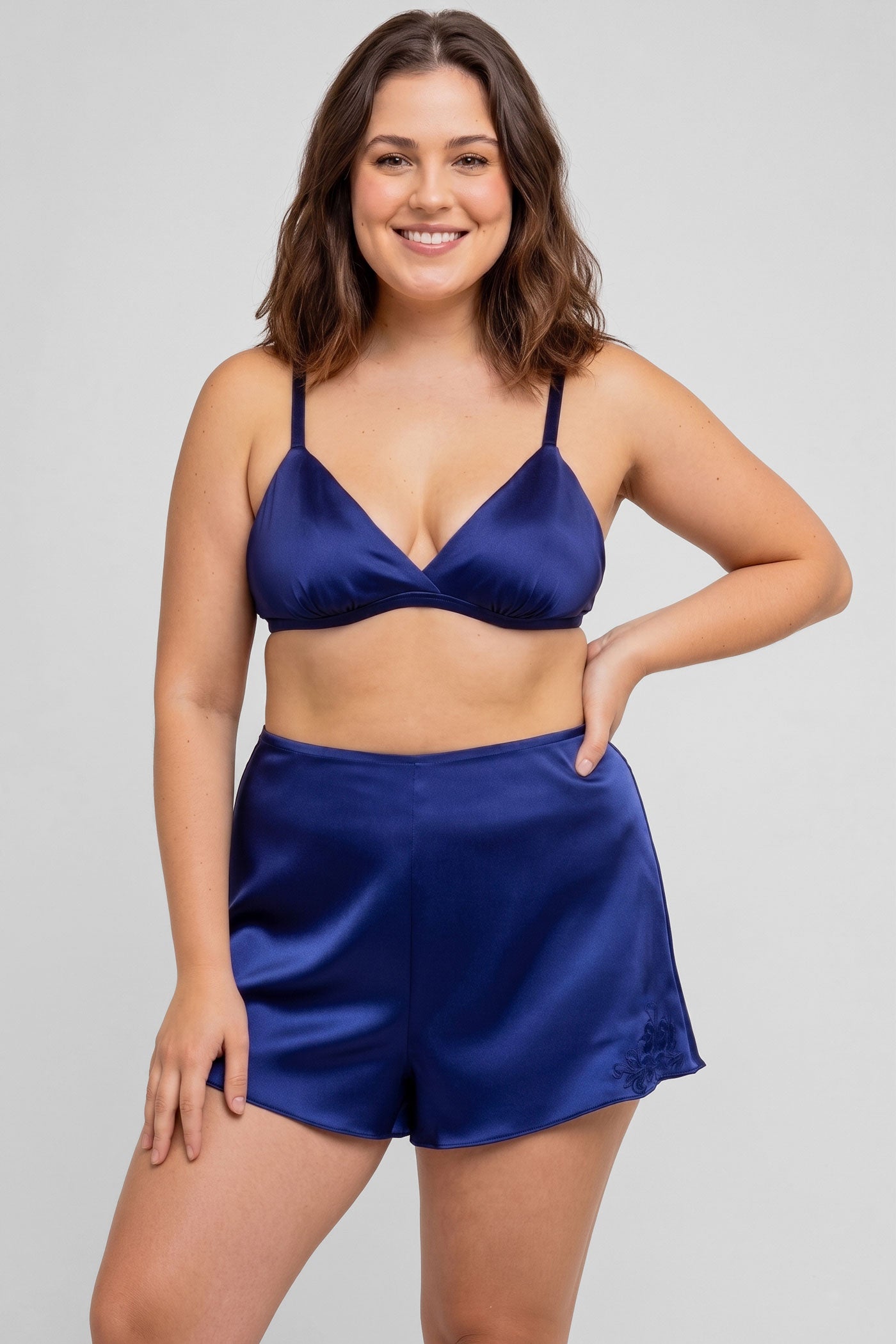 Blue satin sleep shorts and silk bralette in size XL