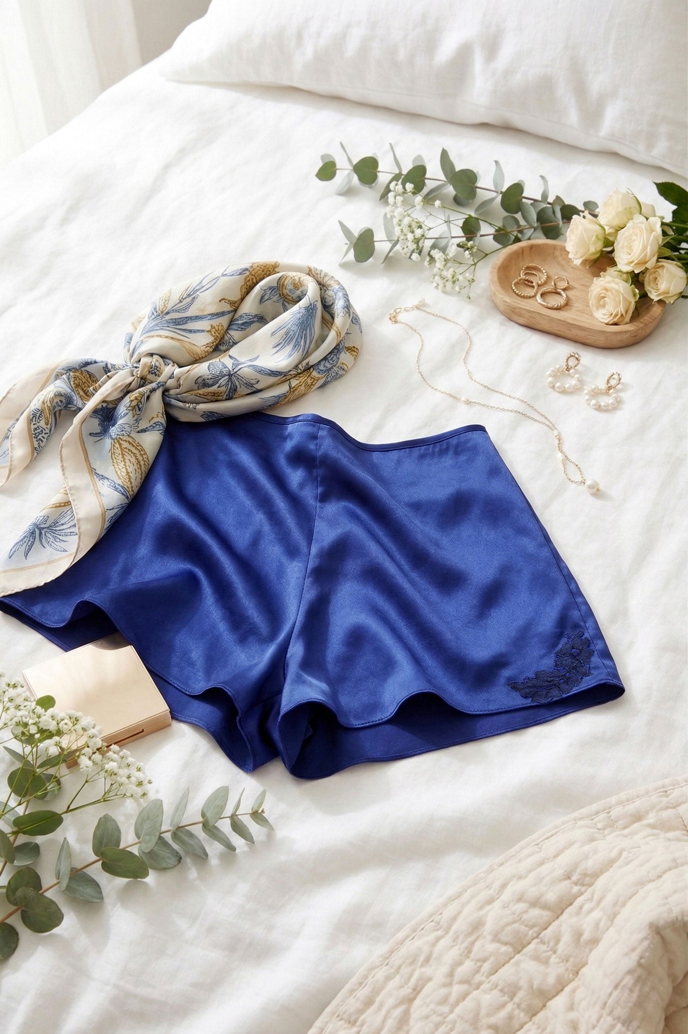 Silk tap pants with floral lace trim in deep indigo blue