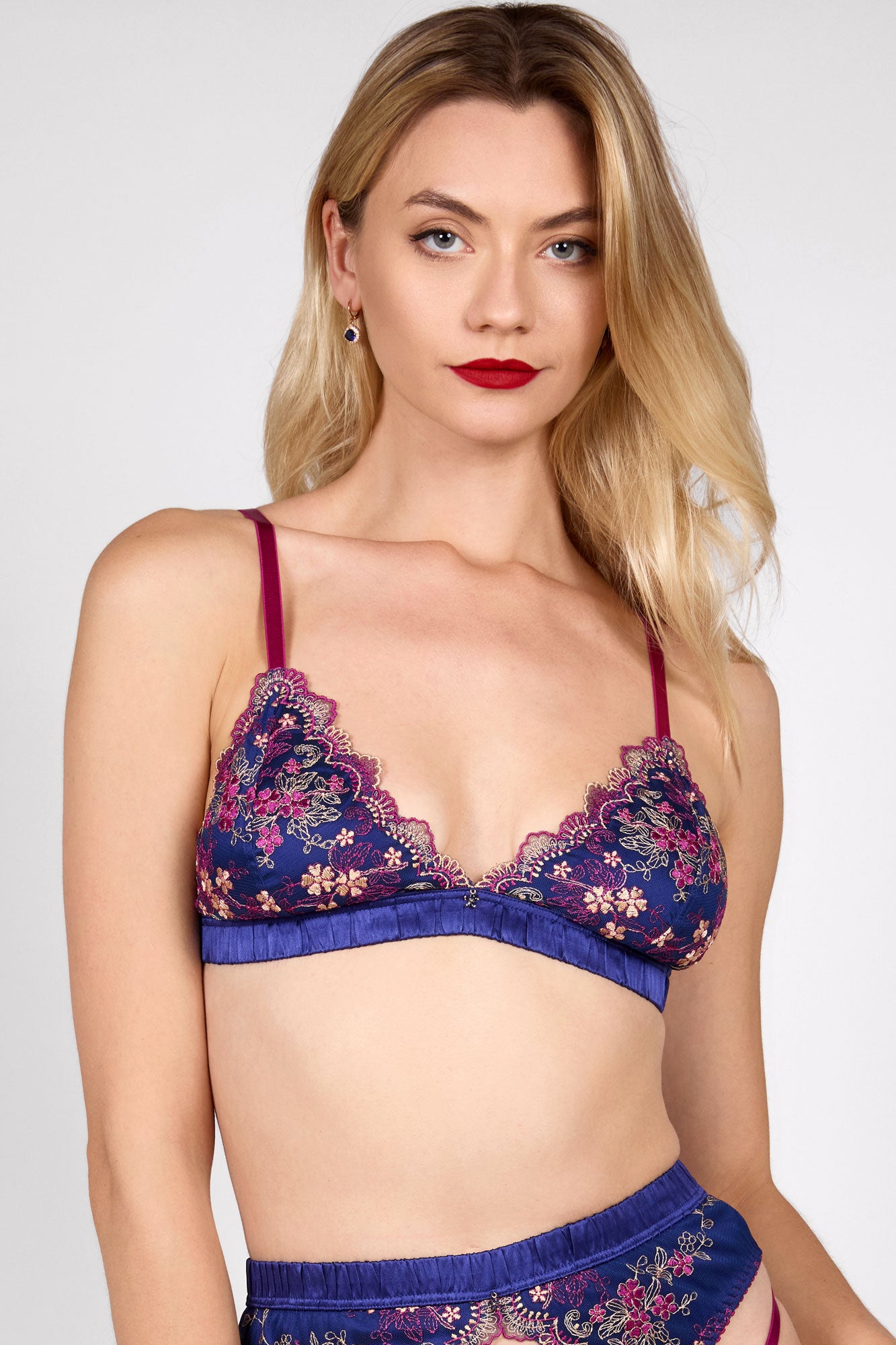 Marina blue silk and magenta embroidered floral lingerie set with cubic zirconia jewel charms