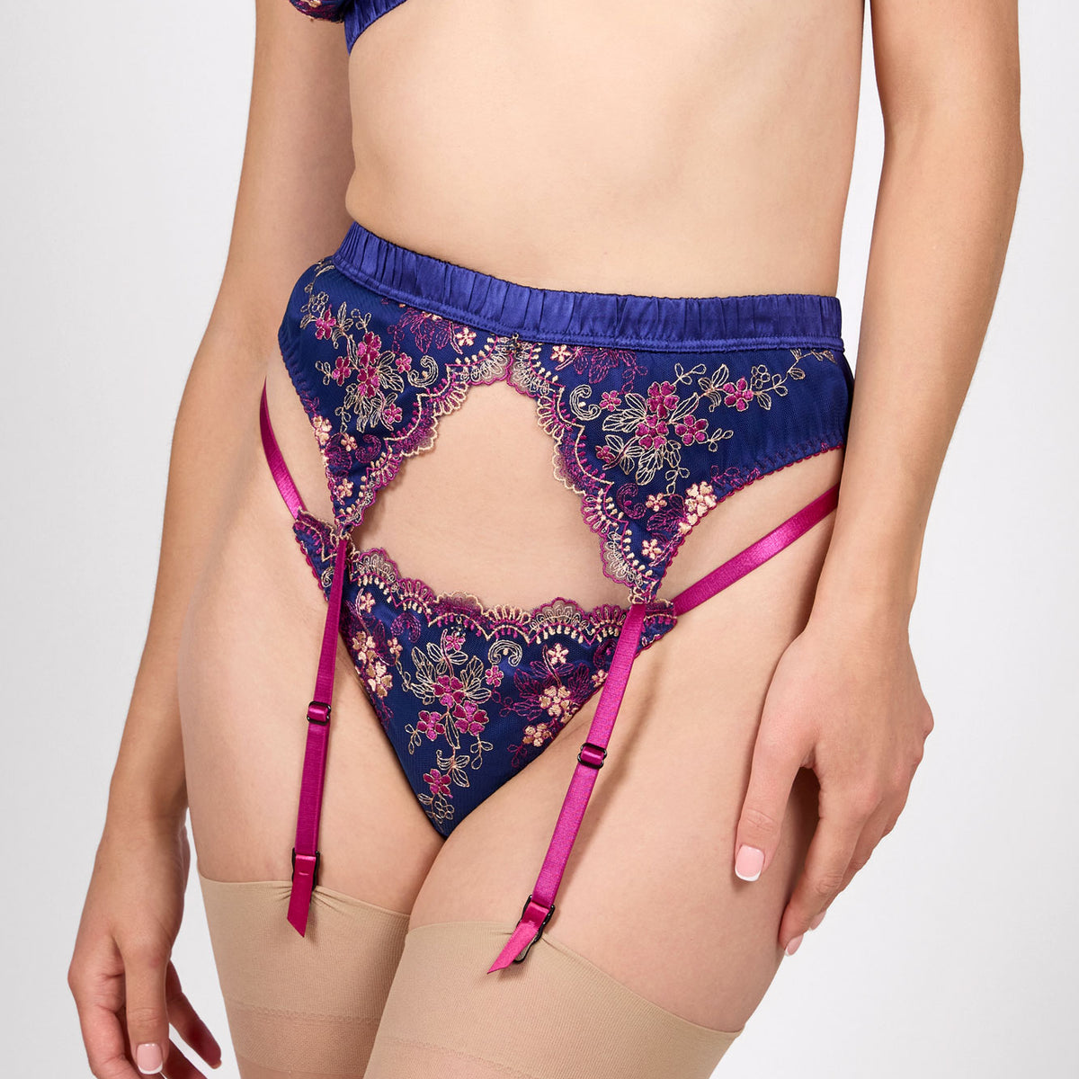 Navy Blue Satin Garter Belt With 4 Straps & Black Lace – Made In France,  Adjustable &