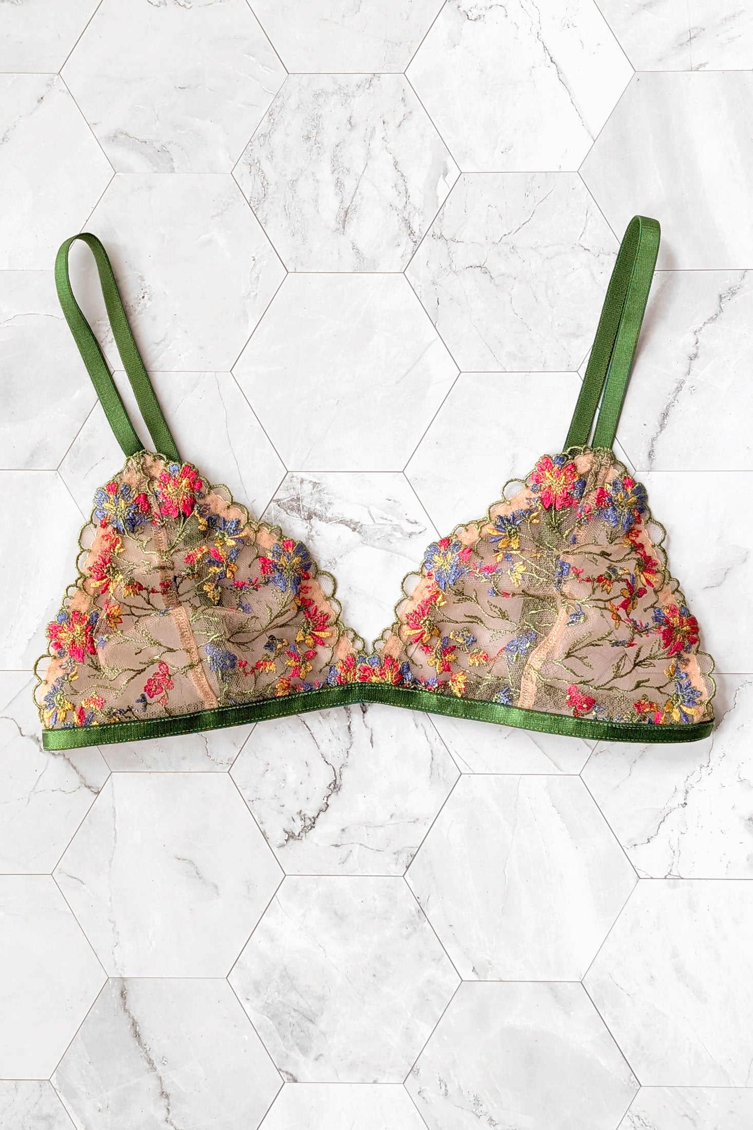 Floral embroidered bralette with multicolor threads and bright green straps and bra band