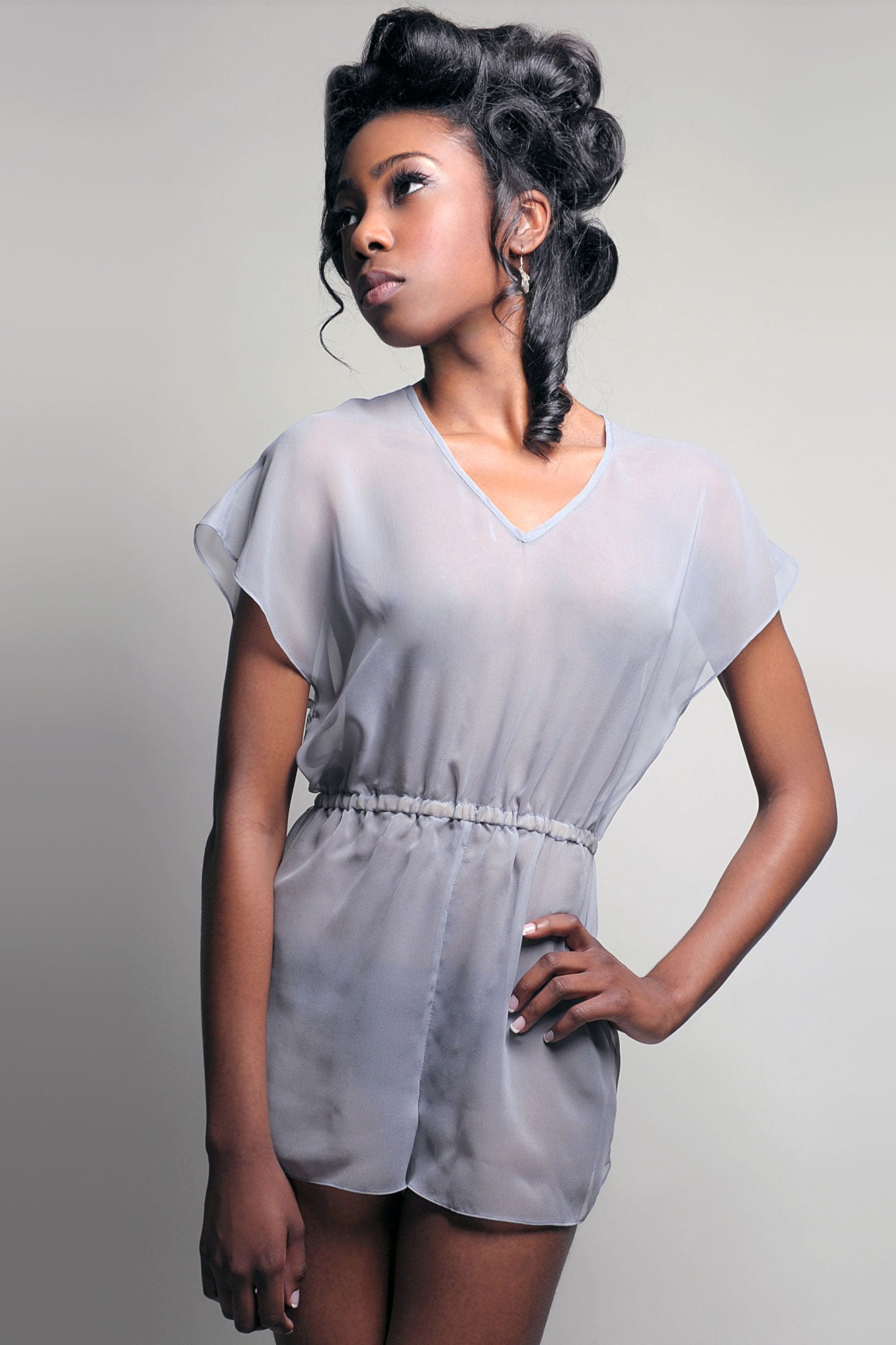 Sheer silk chiffon romper playsuit with elastic ruched waistband and shorts