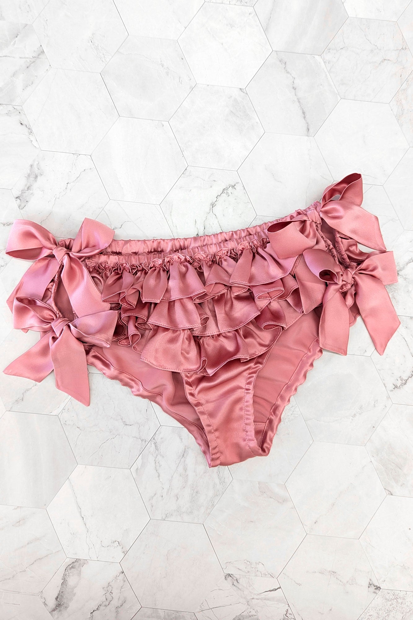 Silk ruffled panties in rose pink satin with 3 ruffles and side tie bows