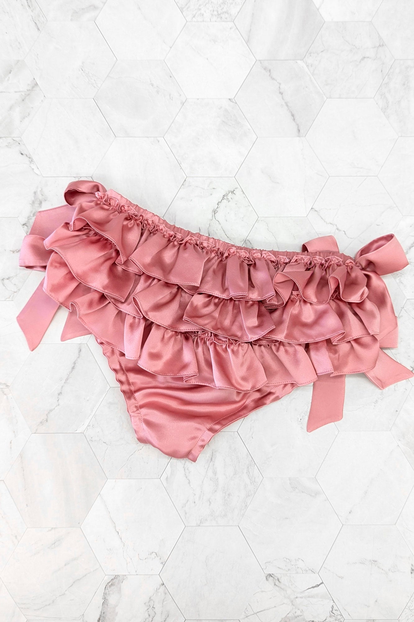 Bright pink burlesque costume with satin ruffle knickers in 100% silk satin