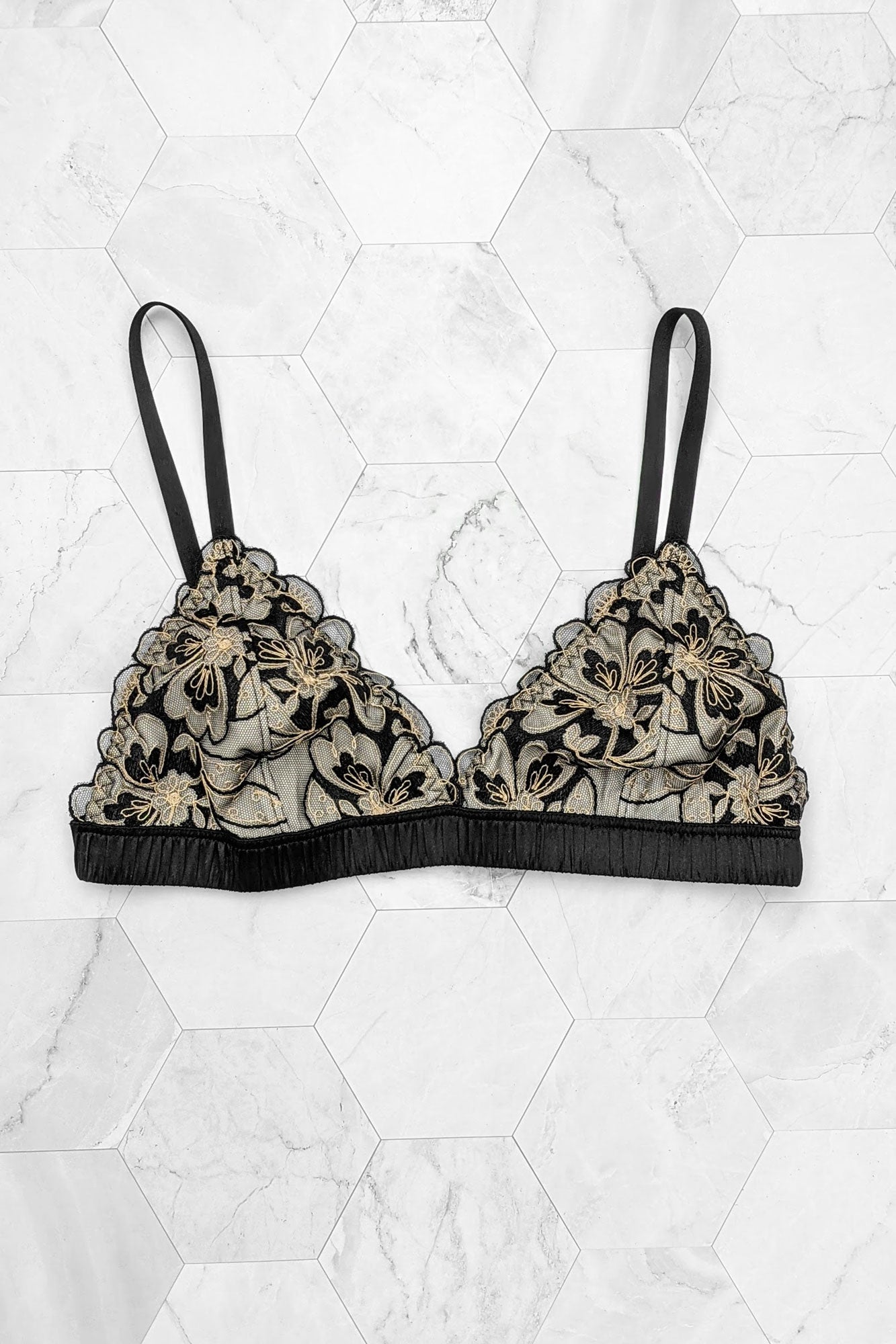 Black silk and lace floral bralette