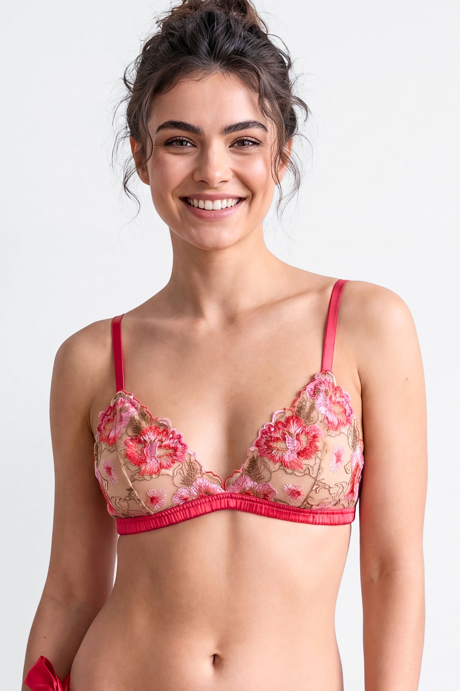Posie bralette and lingerie set in coral pink silk with embroidered flowers and orange straps