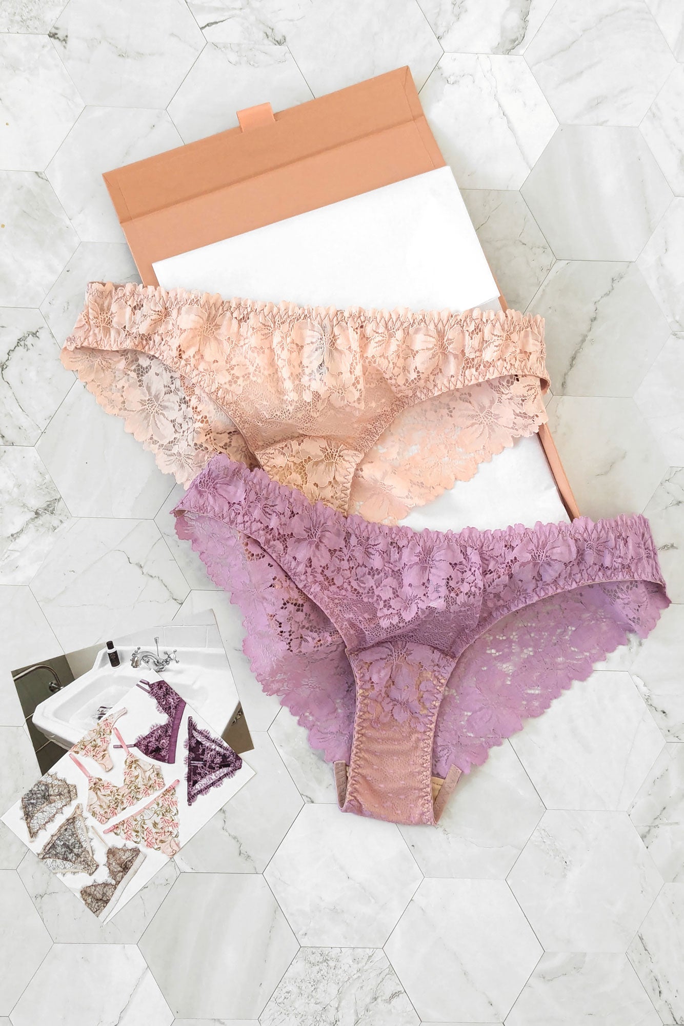 2 lace knickers gift set with floral designs in pink and purple