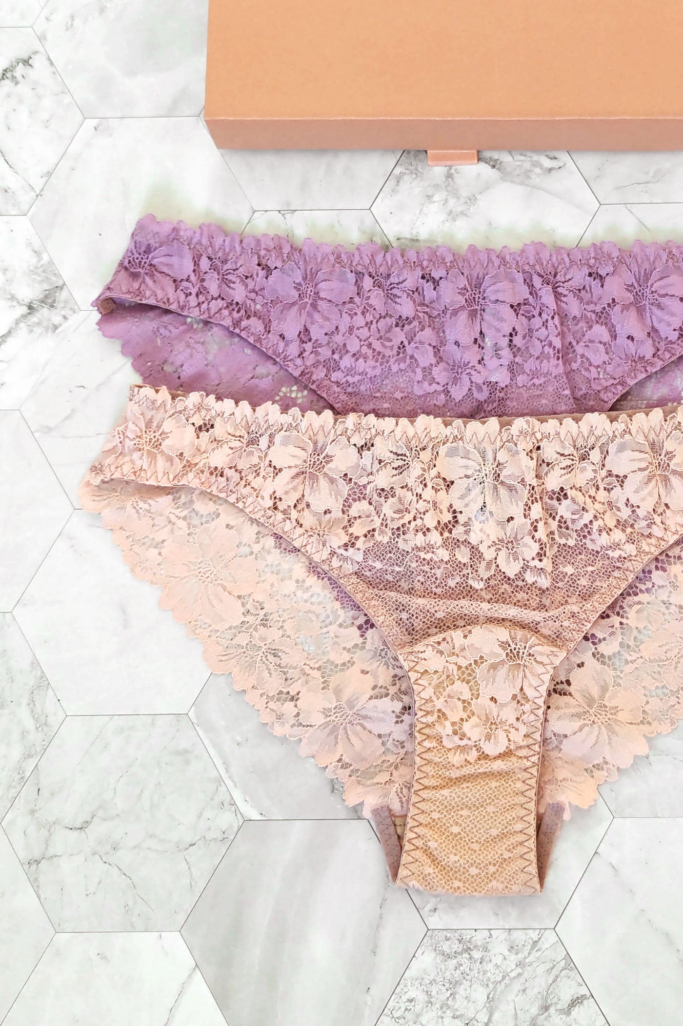 Pink lace panties and lilac knickers in a gift set