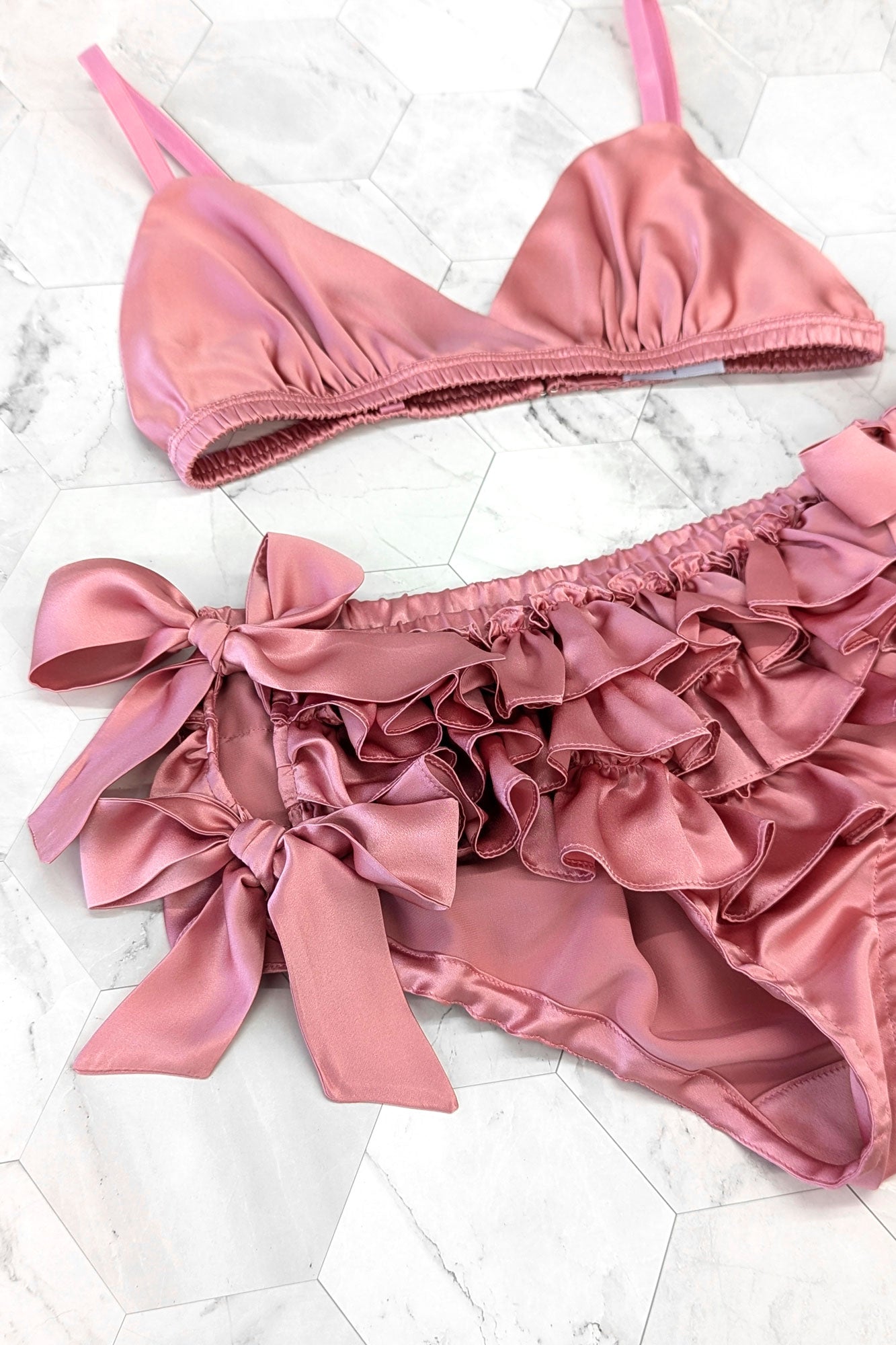 Pink silk frilly knickers in pure silk with a matching rose pink satin bralette