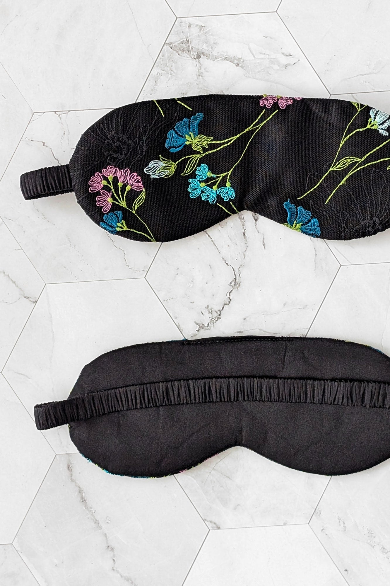 100% silk sleep mask in black satin with colorful flower embroidery