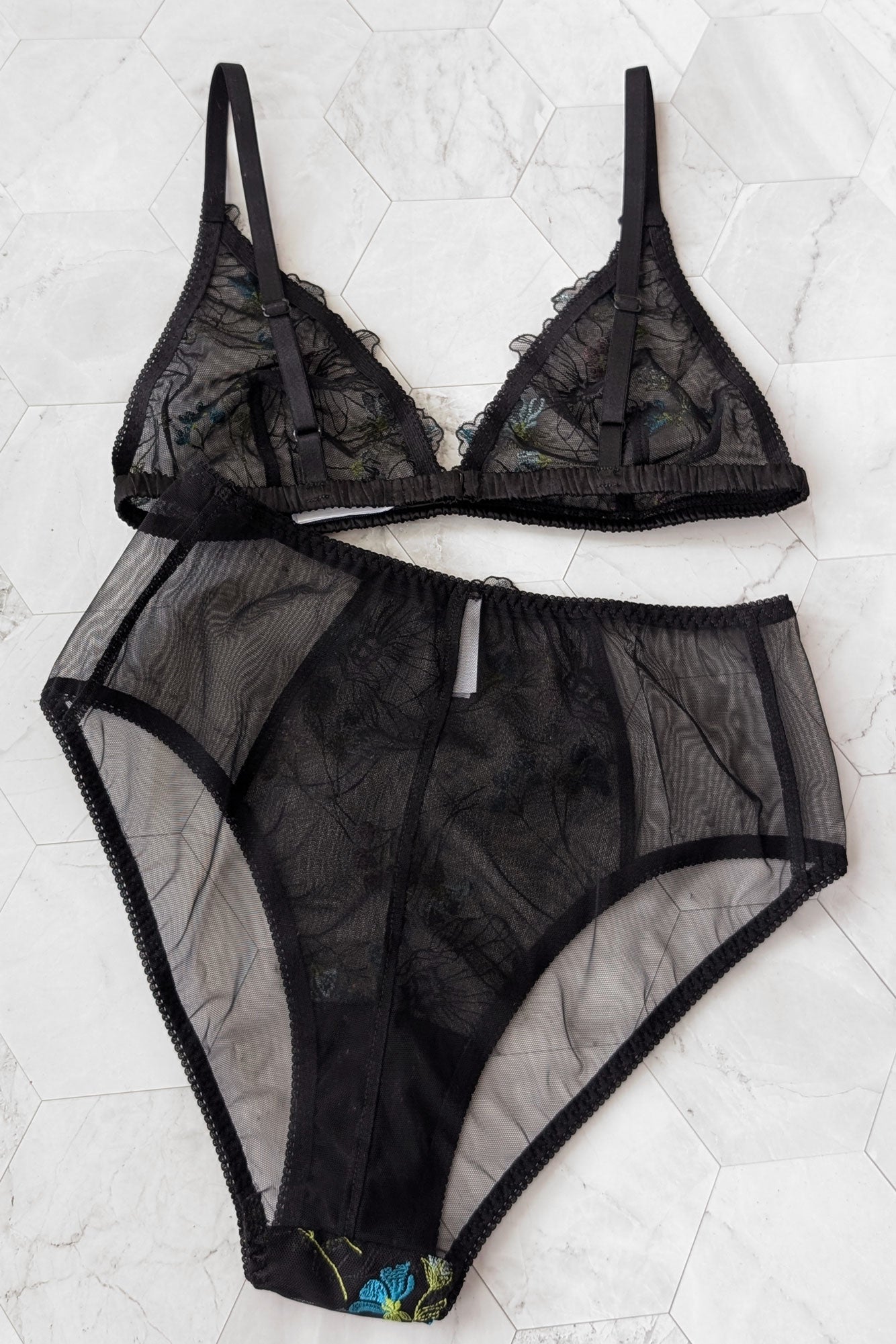 Designer mesh underwear set with a high-waisted cut and high retro leg lines in black stretch tulle