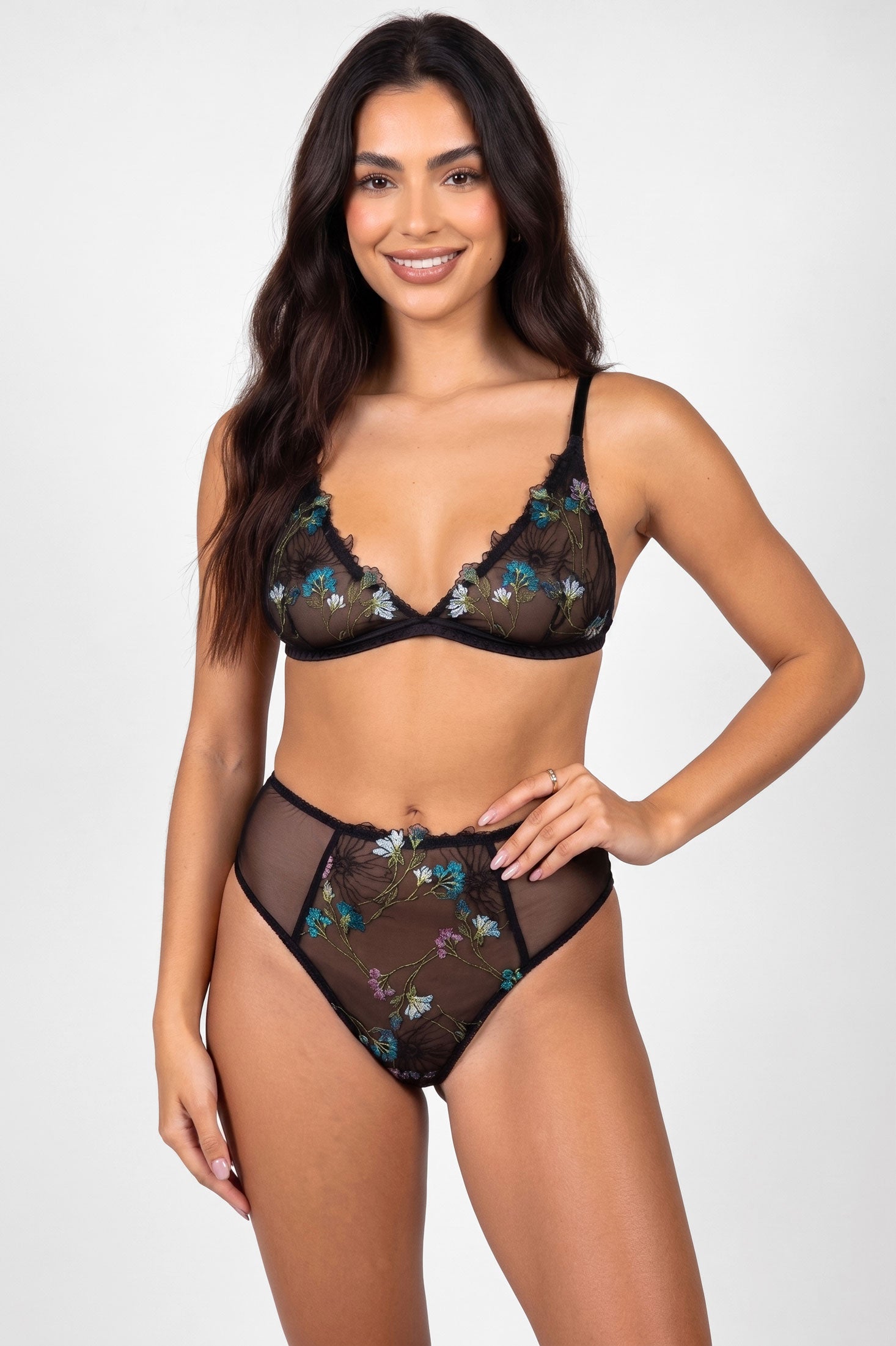 Embroidered black lingerie set with a wireless bralette and high-rise panties