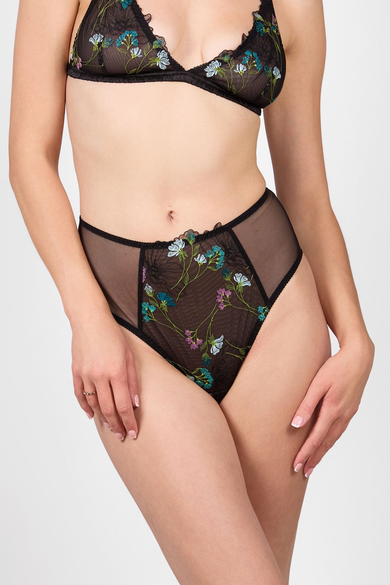 Seraphina high waisted briefs in sheer black mesh with colorful floral embroidery