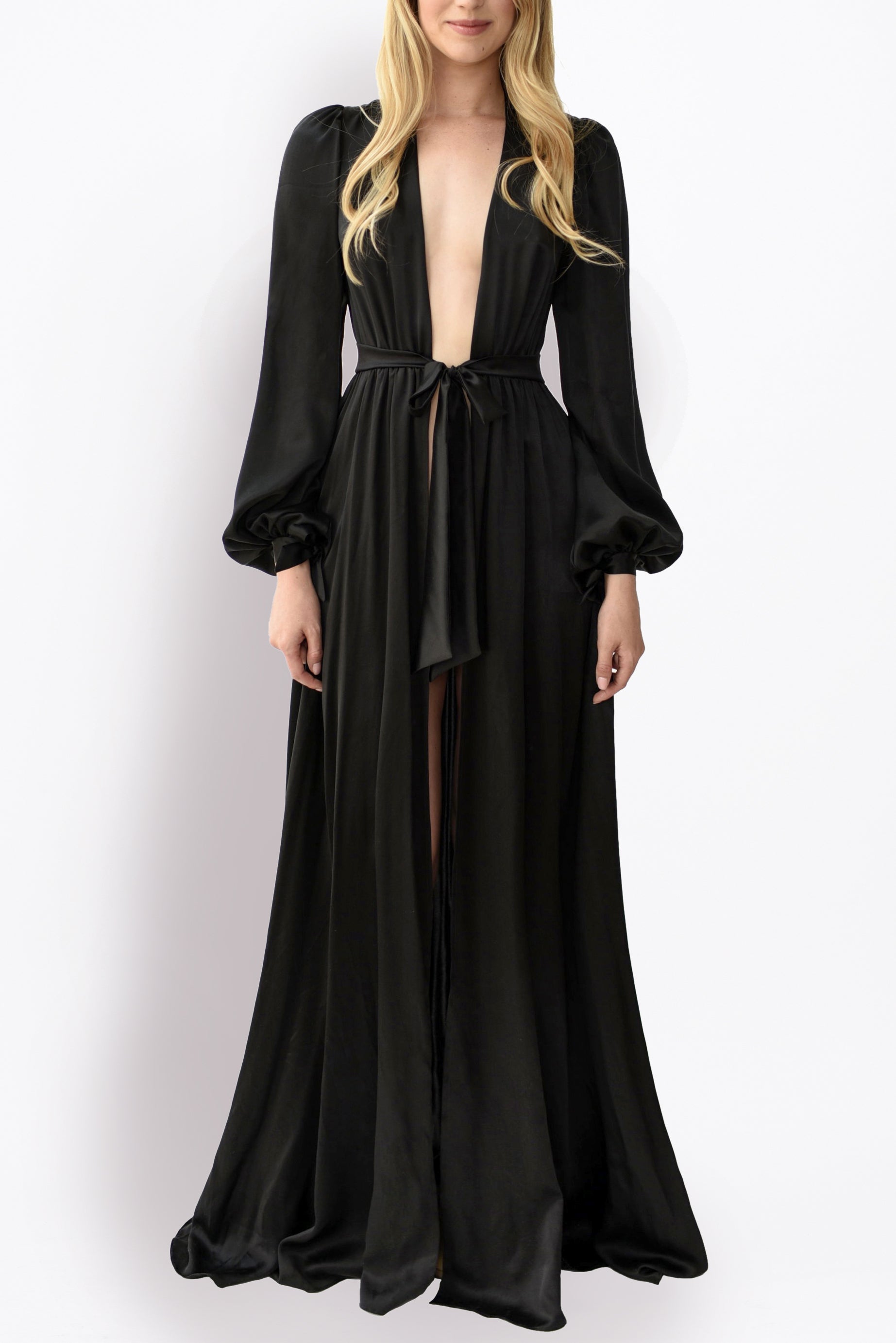 100% silk satin robe with floor length skirt and bishop sleeves, with a tied sash belt
