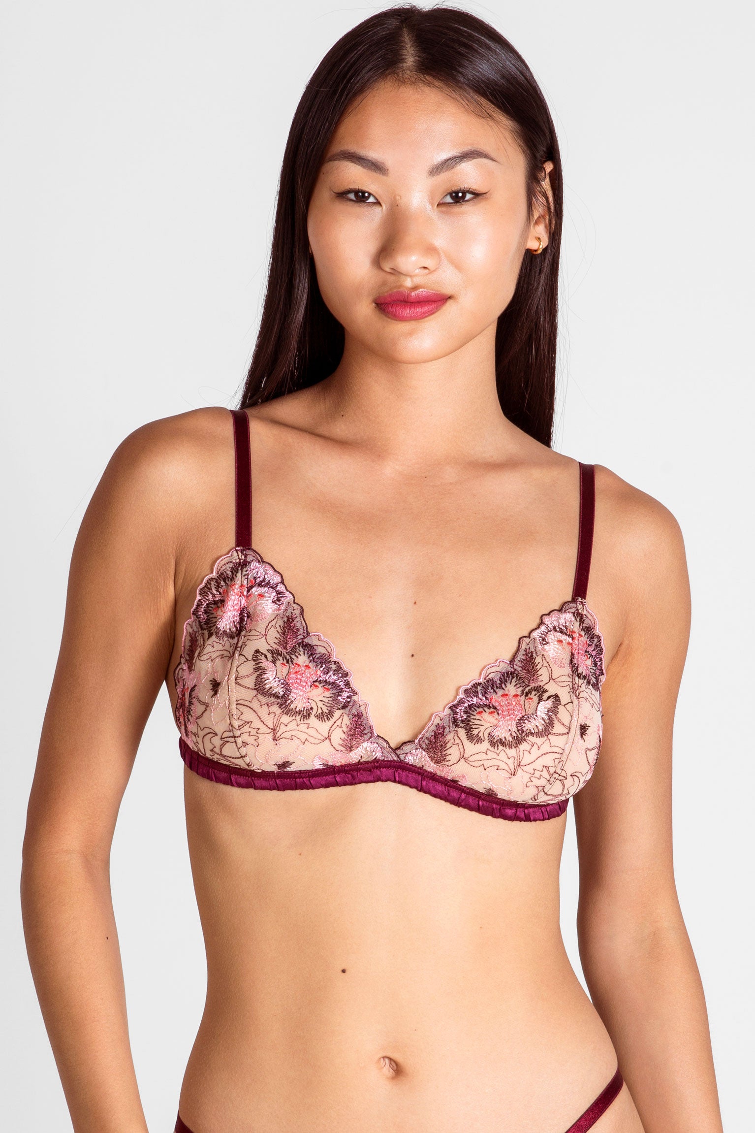 Valentina bra in wine silk with embroidered flowers and sheer lining