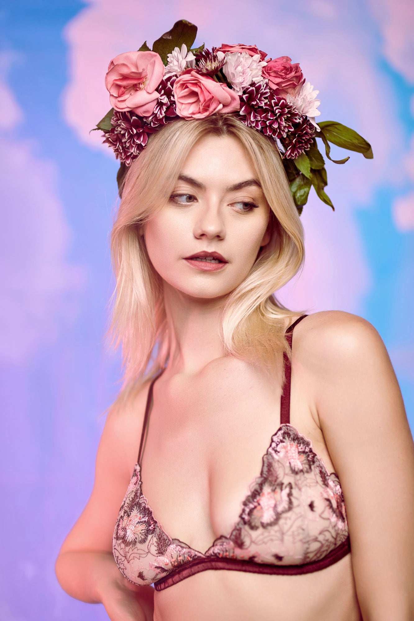 Burgundy silk and lace bralette with a pink flower crown and silk trims