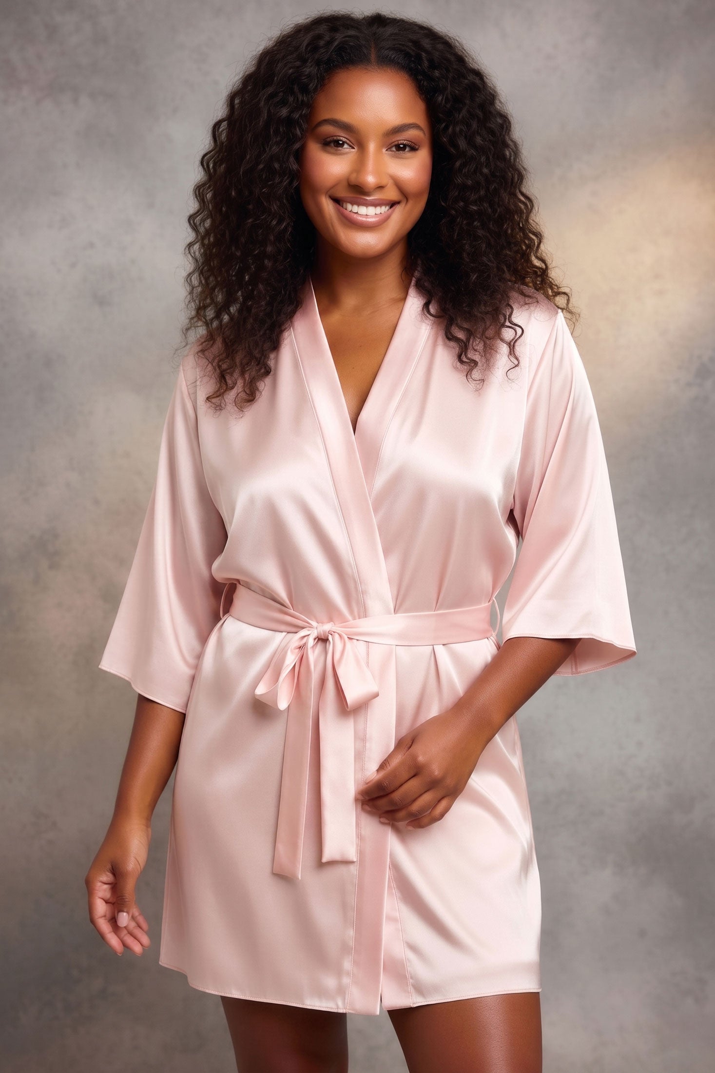 Pink silk dressing gown on a size medium model