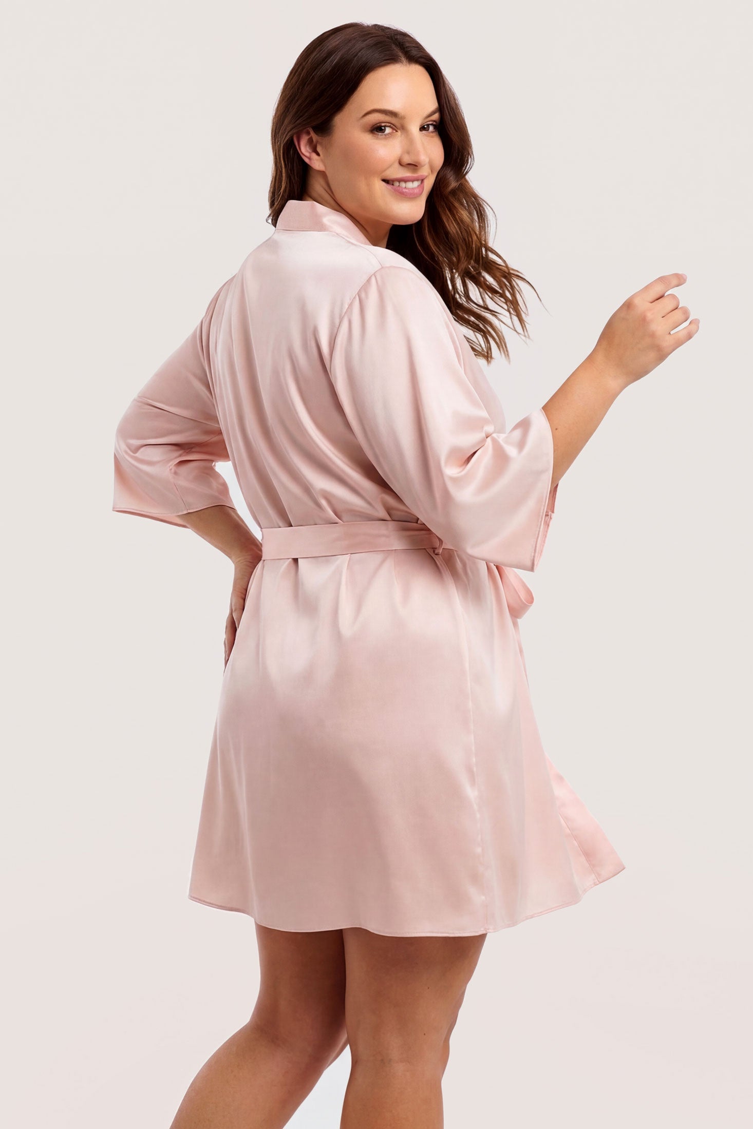 Light pink robe in 100% pure silk satin by luxury loungewear designer Angela Friedman