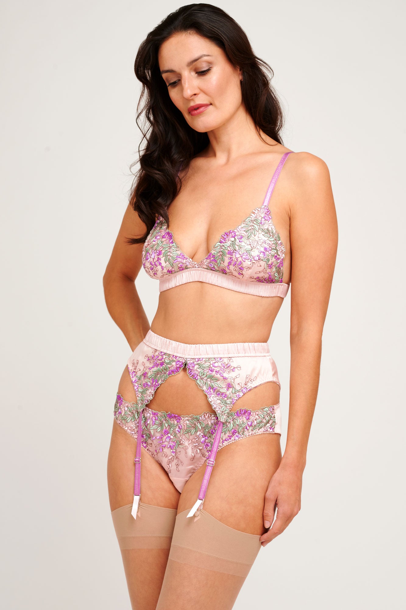 Vintage inspired lingerie set with nude stockings and floral embroidered overlays