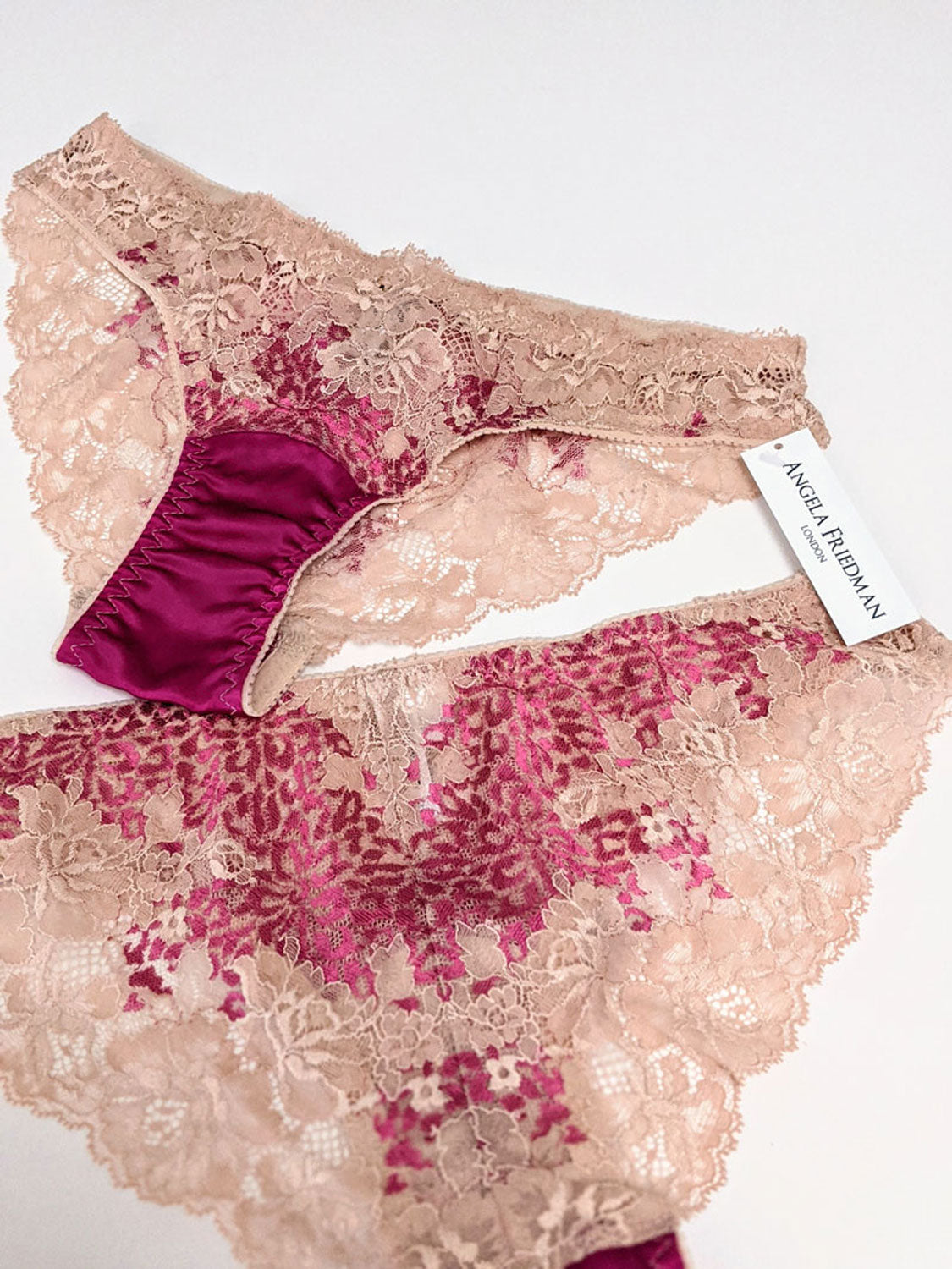 Magenta silk panties with nude lace trim and floral and cheetah prints