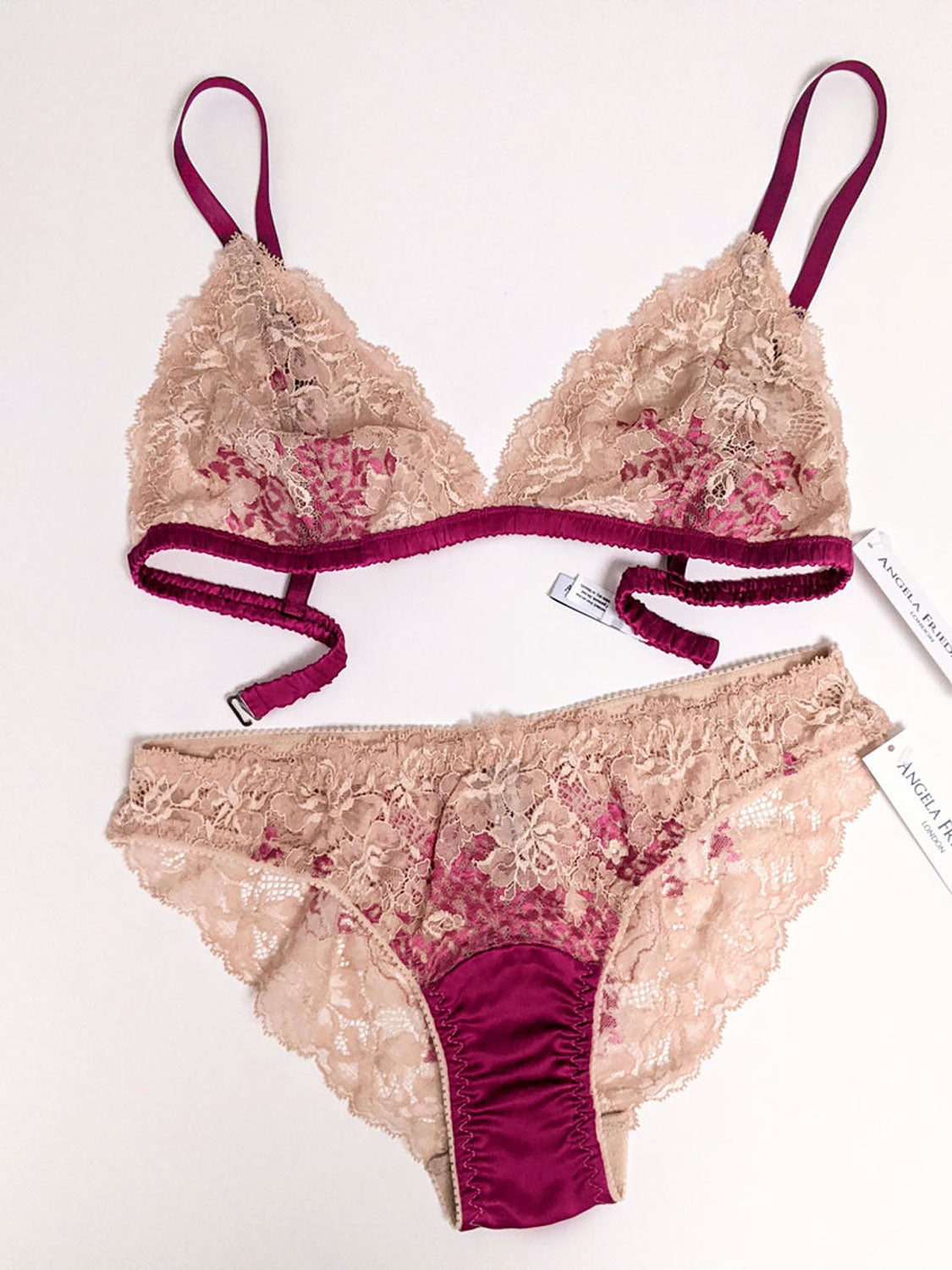 Vintage inspired silk bralette and lace lingerie in magenta pink