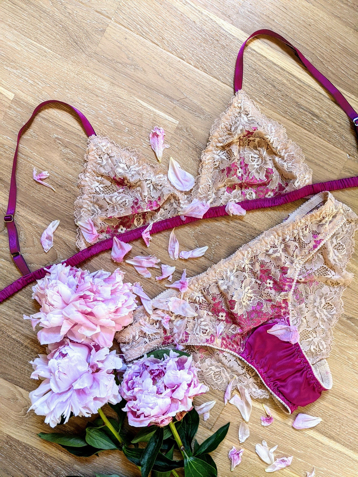 Pink silk bralet with beige nude lace and floral trims