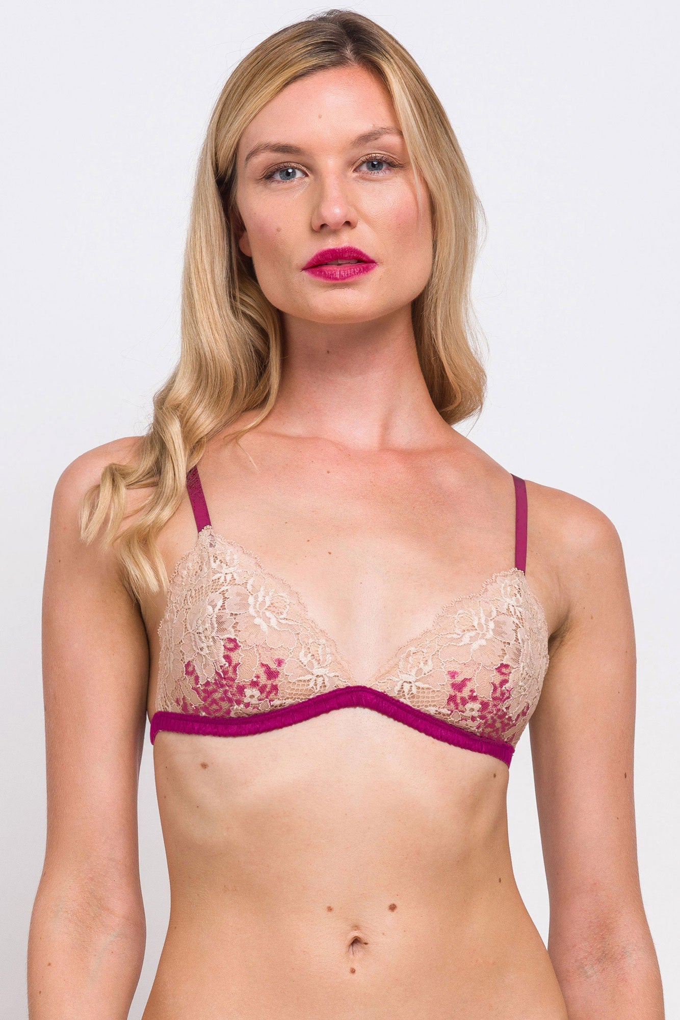 Bougainvillea bralette in magenta and blush pink lace