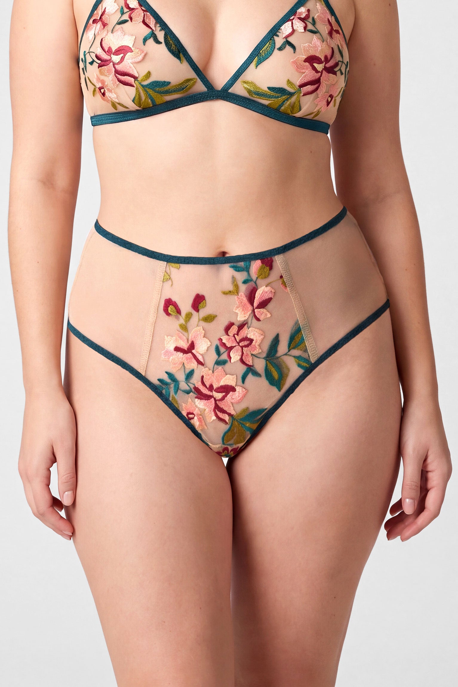 Luxury underwear set with floral high waisted briefs and tattoo effect nude mesh on size M/L model