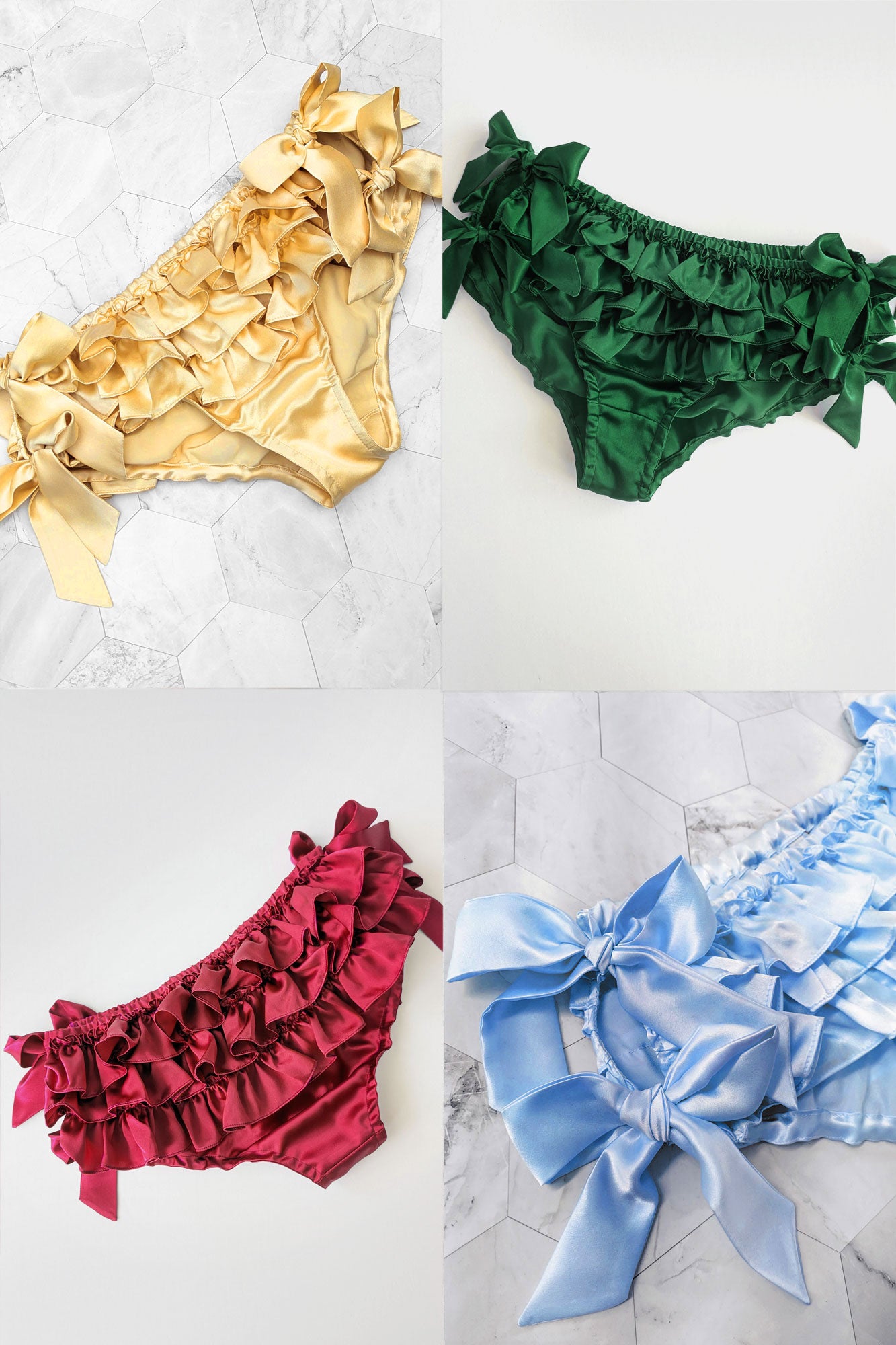 Custom silk ruffled bloomers in yellow, dark green, red, and light blue