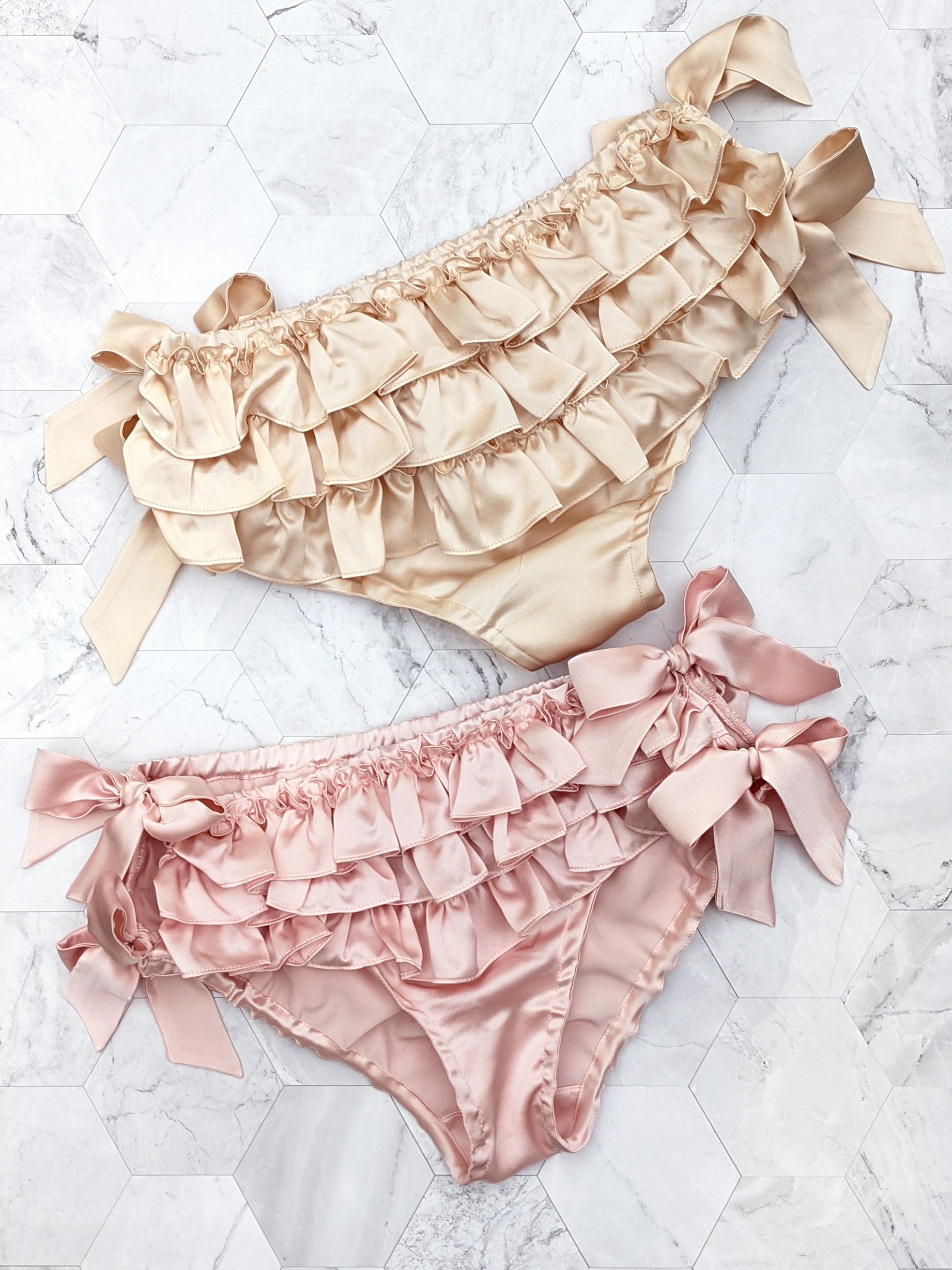 Cream and pink ruffled panties in silk satin
